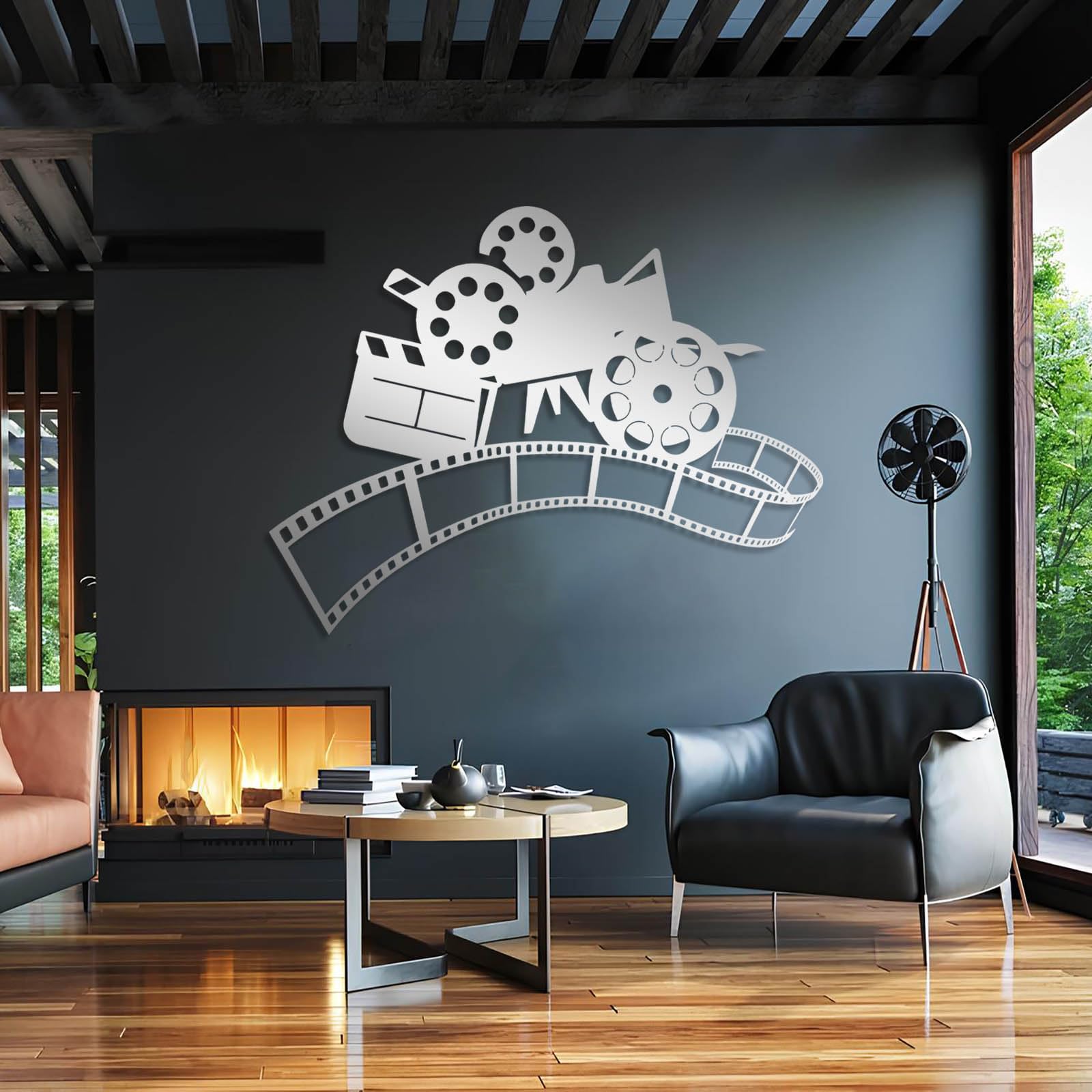 Decorazione murale Moderna e Minimalista in Metallo a Forma di Bobina cinematografica, Ideale per la casa, Il Soggiorno o la Camera da Letto (Argento, 47x36 cm).