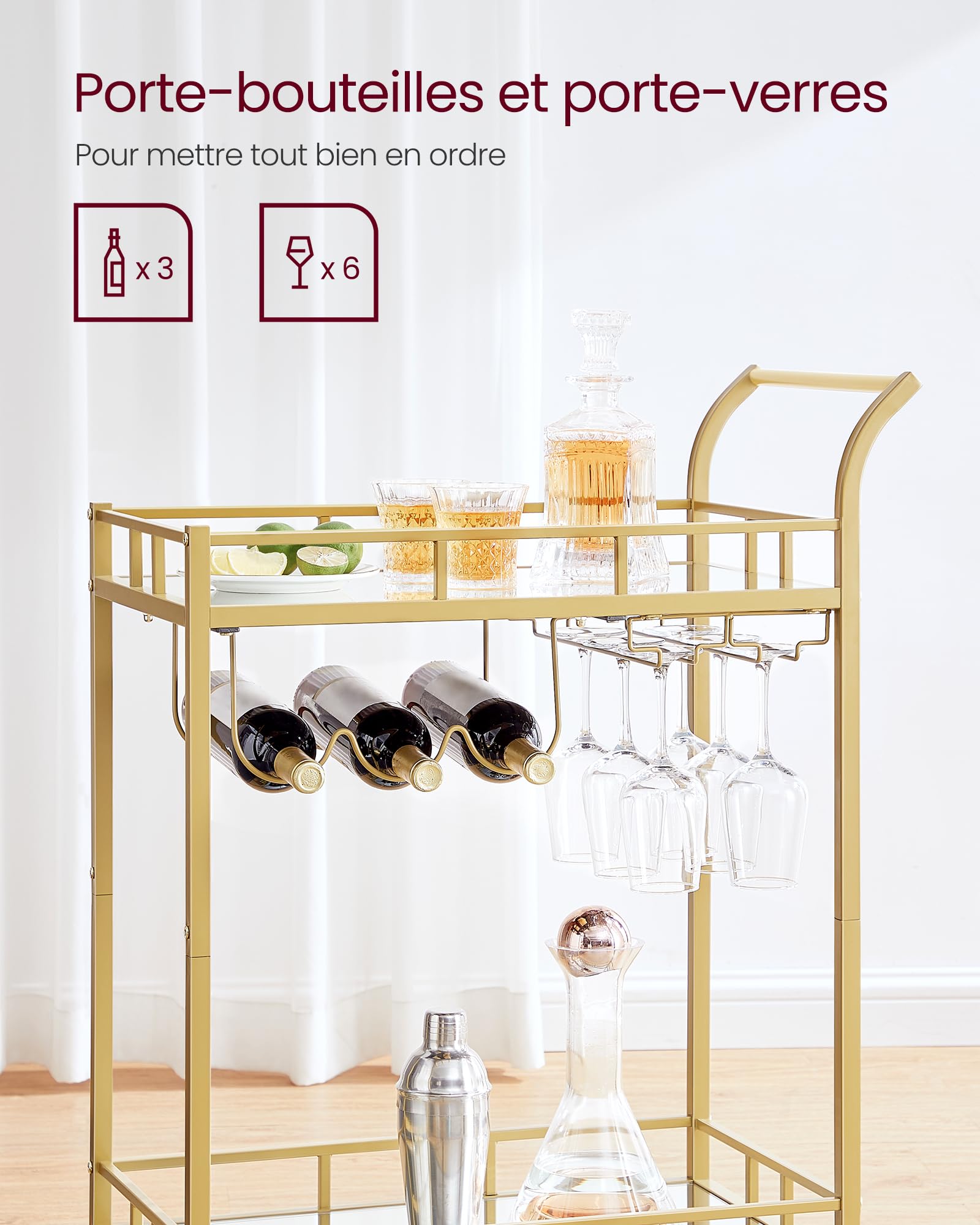 VASAGLE Desserte pour Boissons, Chariot à roulettes, Meuble de Cuisine, 2 Niveaux en Verre Réfléchissant, avec Porte-Bouteilles, Porte-Verres, pour Bar, Cuisine, Salle à Manger, Doré LRC092A62