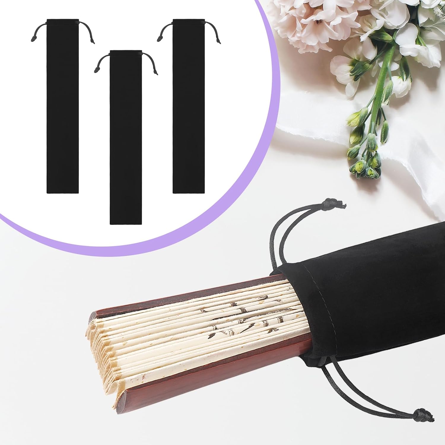 NWUCZW 24 Pcs Large Clack Fan Bags Folding Pouch Sleeves Velvet Drawstrings Bags Holder Gift Wrap Protector for Line Dancing Rave Festival Wedding Travel Party, Fan Not Included(14.57 x 2.76 Inches) - Image 7