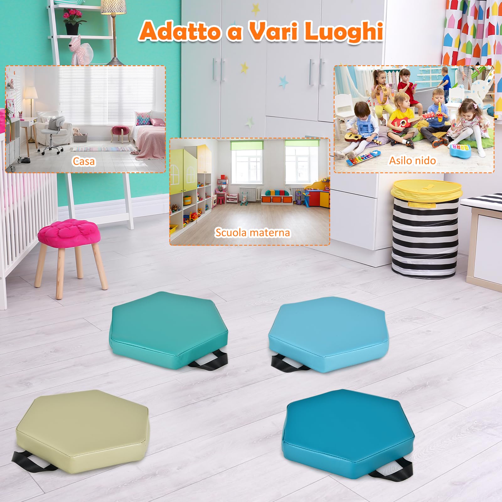 GYMAX Set di 6 Cuscini Esagonali per Bambini 3+, con Maniglia di Trasporto, Impermeabili per Attività Interno Esterno, Tappeto da Gioco Genitore-figlio, 38 x 34 x 5 cm (Blu)