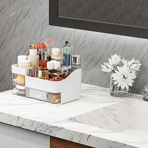 Miniatura 5 de SuoXing Organizador de maquillaje blanco para tocador, organizador grande de plástico para encimera de baño con cajones, organizadores de cuidado de