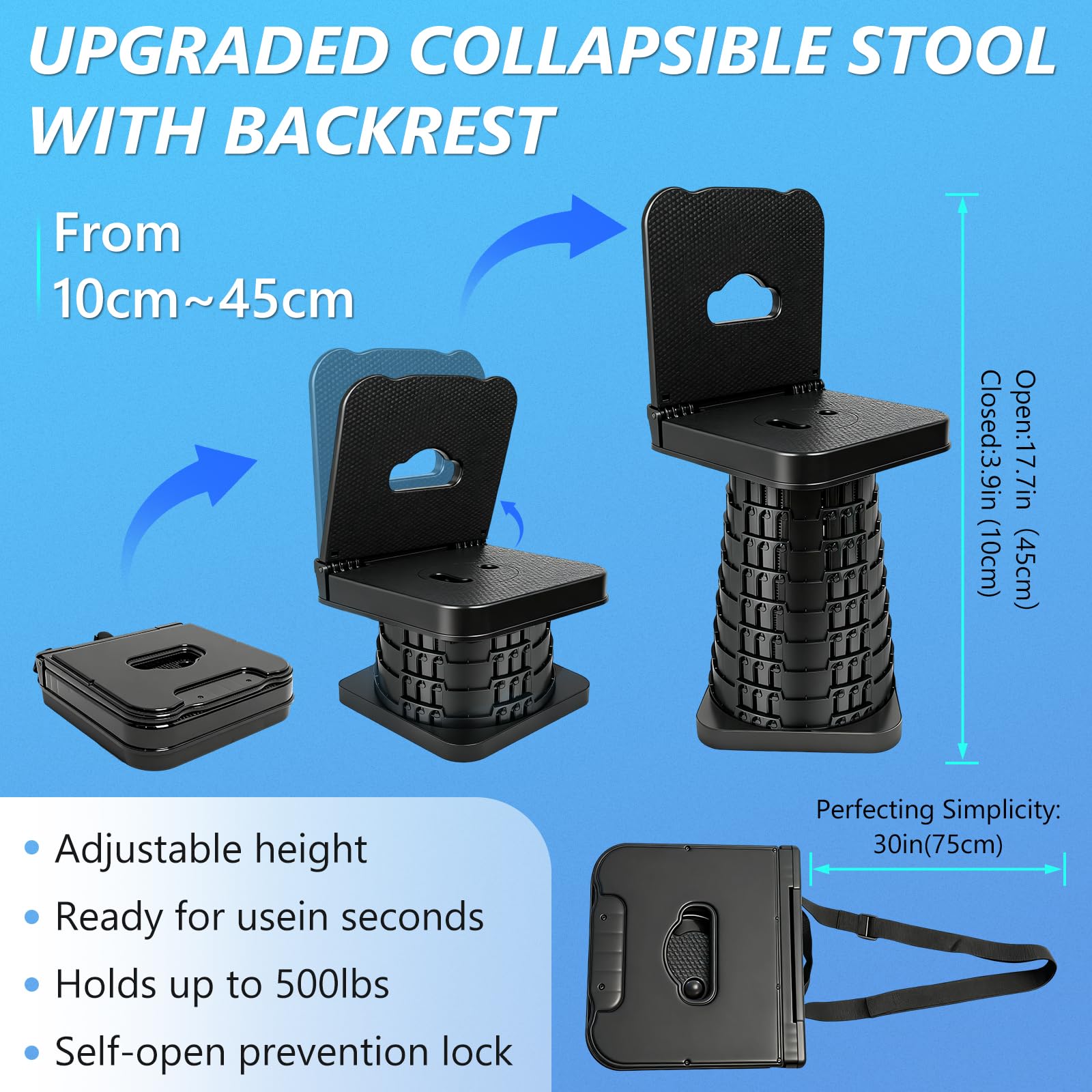 Tabouret Pliant Portable amélioré avec Dossier, siège télescopique Pliable pour Adultes Le Camping, la pêche, la randonnée, Les barbecues, Hauteur 45 cm (Tabouret avec Dossier)