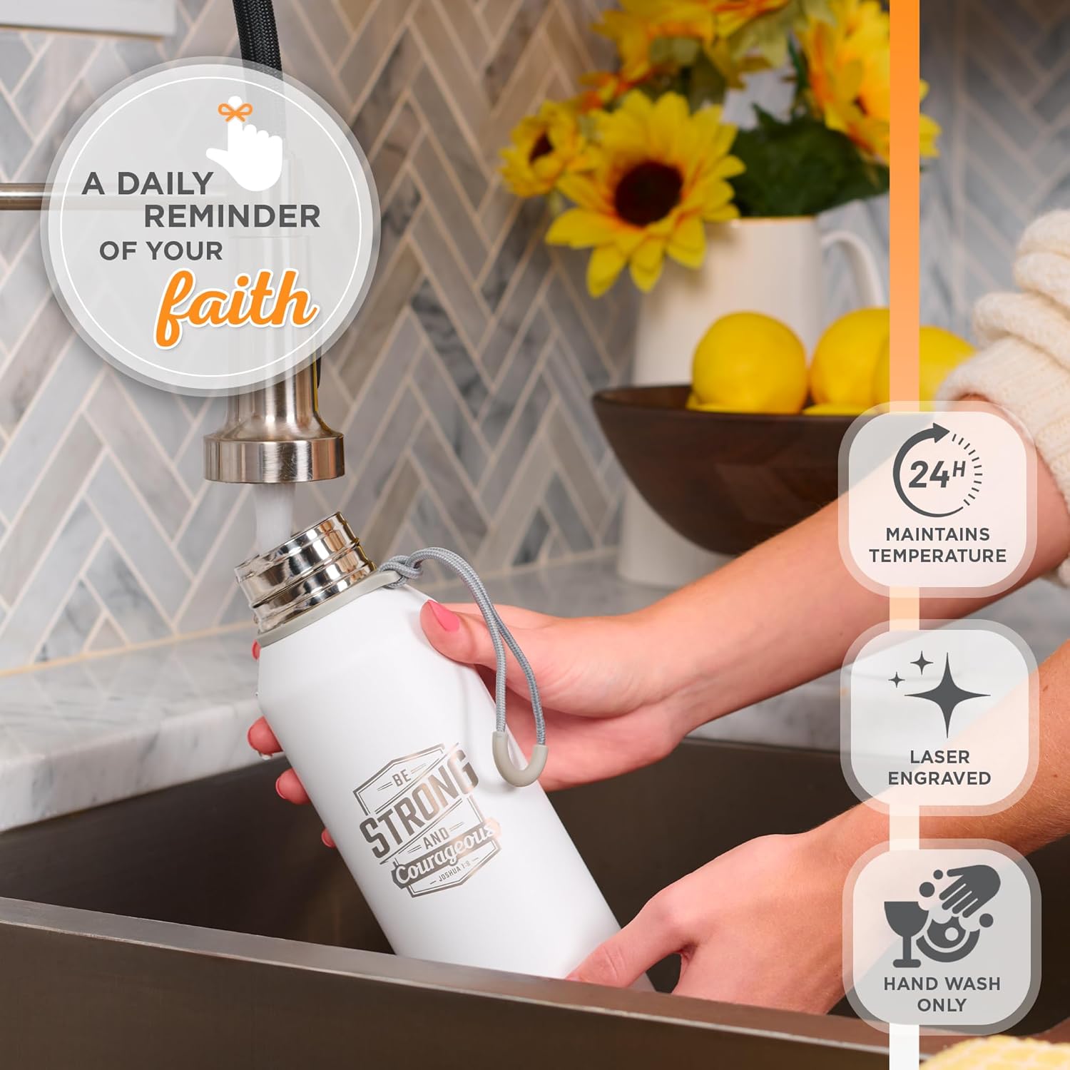 Christian Art Gifts Stainless Steel Double Wall Vacuum Sealed Insulated Water Bottle for Men & Women: Strong & Courageous Laser Engraved Inspirational Scripture, Leak-proof, Carry Loop, White, 24 oz.