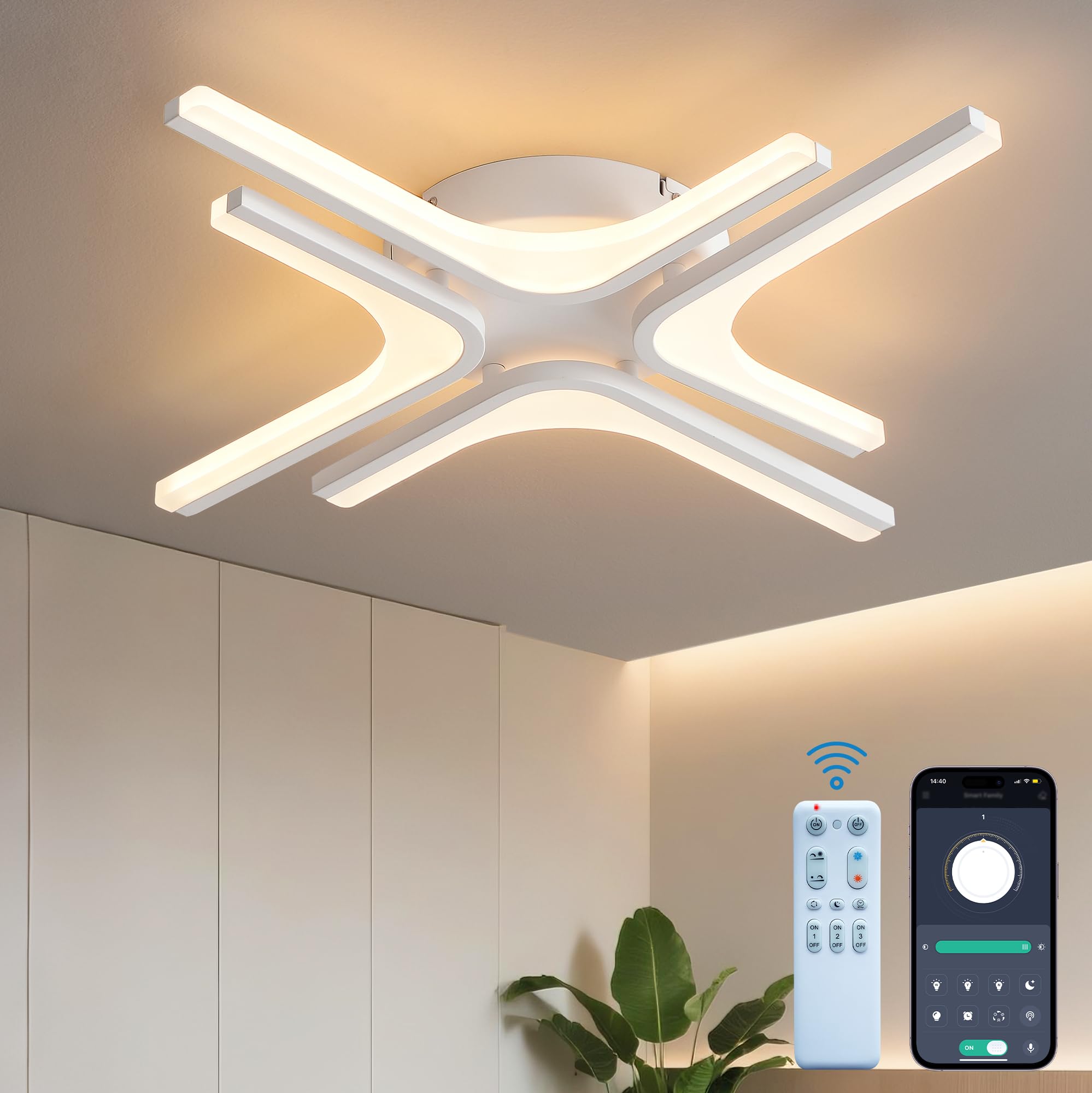 LED Deckenleuchte Dimmbar weiß Stern, 56cm 26W Farbtemperatur 3000-6000K, Helligkeit 10-100%, Mit Fernbedienung/Mobile APP, Für Schlafzimmer, Küche, Balkon, Flur, Mit Memory-Funktion, 2W Nachtlicht