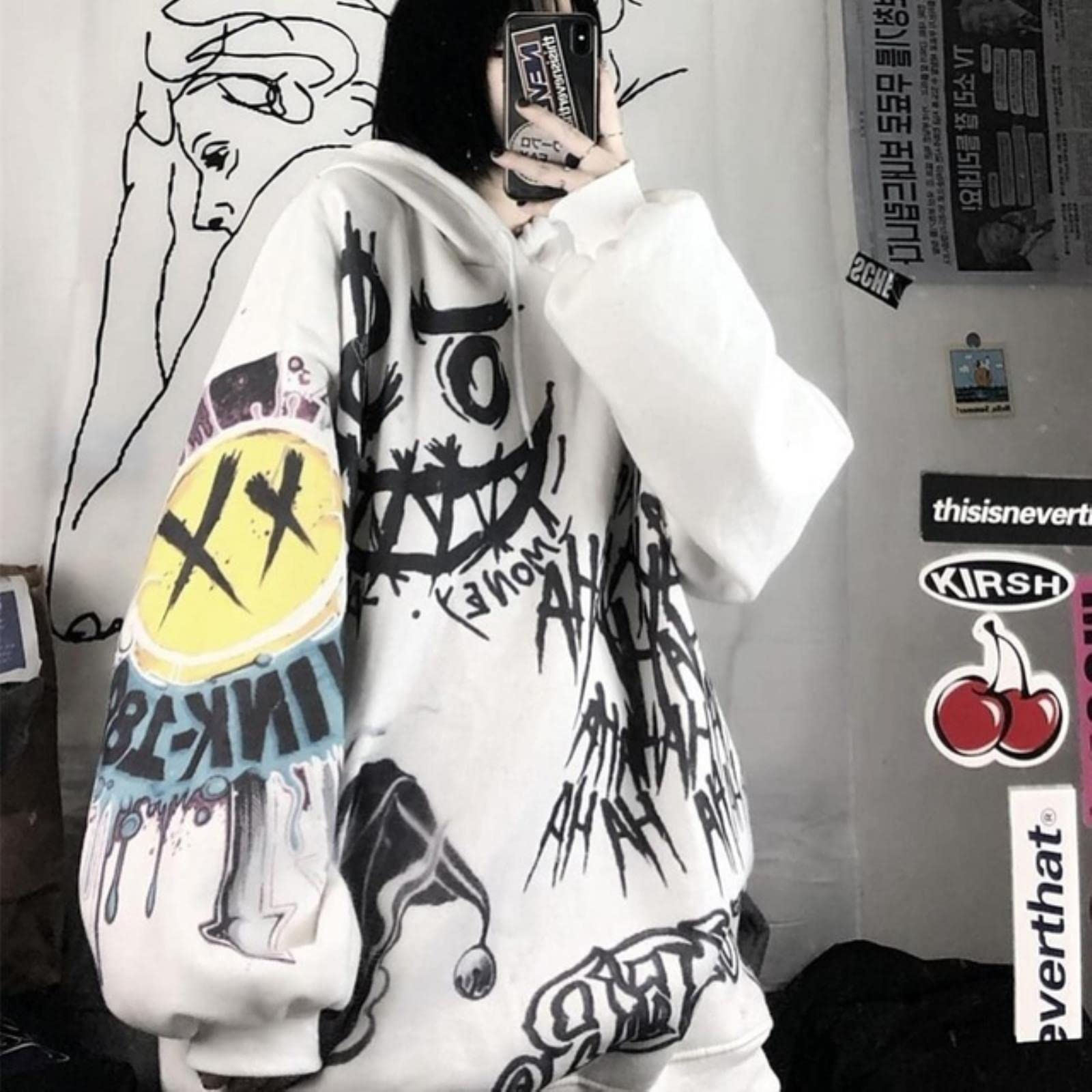 Yony Women's White Goth Sweatshirts Style Anime Hip Hop Hoodie Oversized Punk Tops Long Sleeve Gothic Clothes-,L