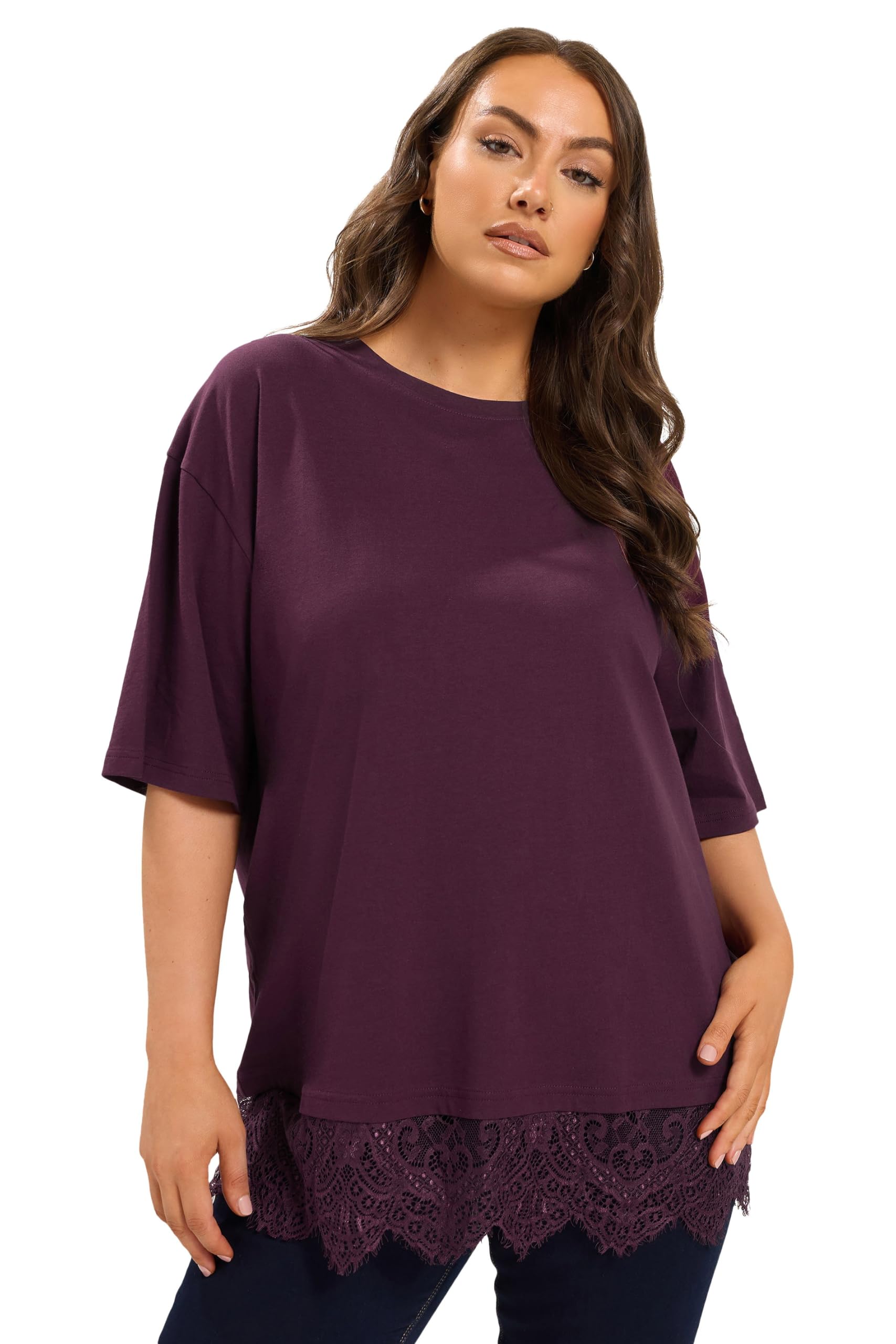 Yours Women's Purple Lace Hem T-Shirt In | Size: 22-24