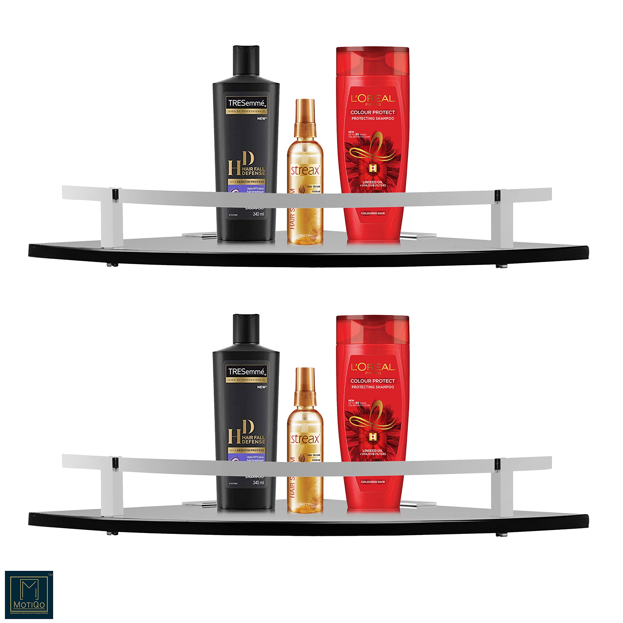 MOTIQO Black Glass Corner Bathroom Shelf for Wall, Wall Mount Rack for Kitchen, Shelves for Kitchen, Corner Rack Bathroom Organiser and Accessories, Brass Silver (9X9 Inch,Set-2) (B09RB5ZYLY) Amazon Price History, Amazon Price Tracker