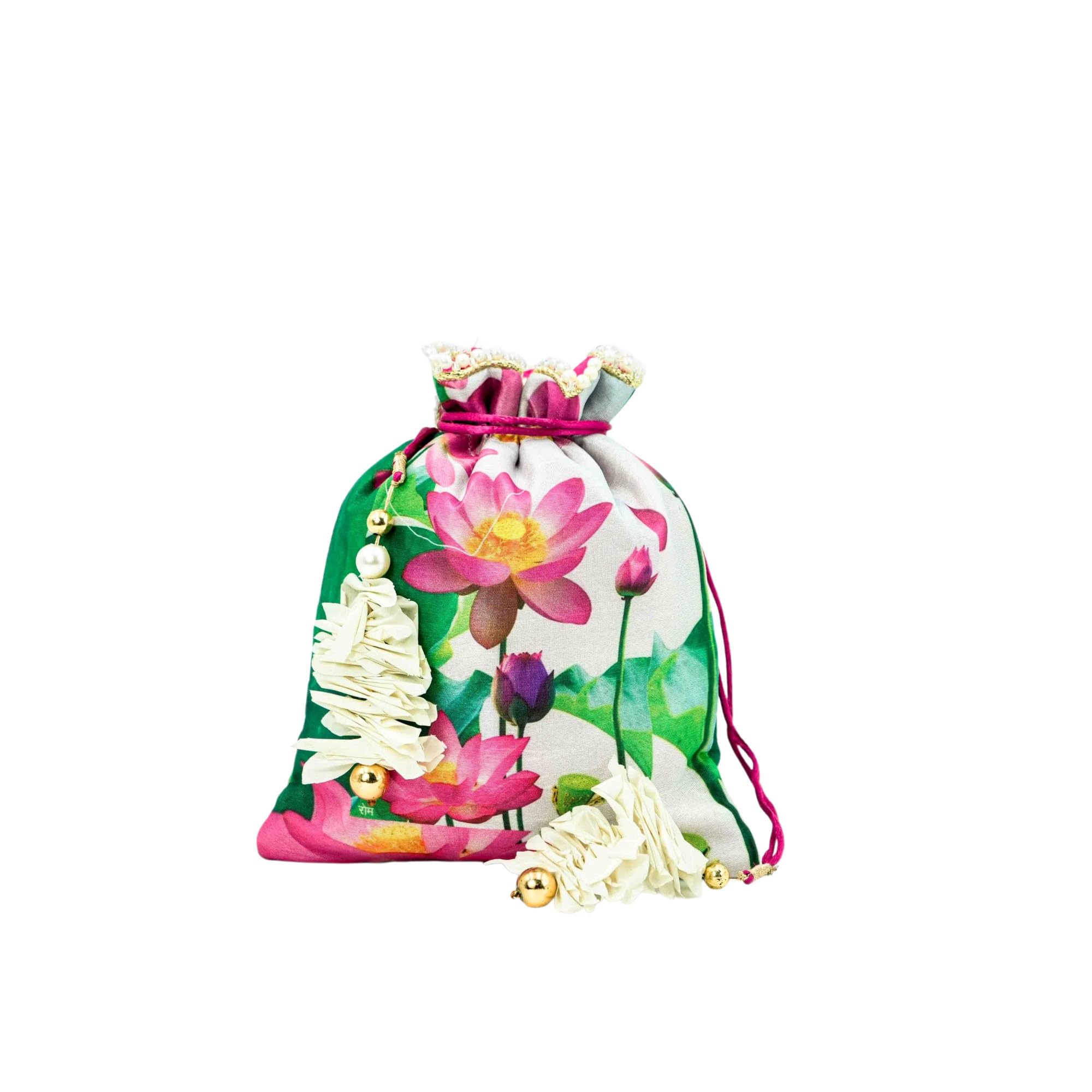 Floral Lotus Heritage Potli Bag | Ethnic Drawstring Pouch for Wedding Gifts, Bridal Accessories & Festive Use (8x7 Inches)-picture-40