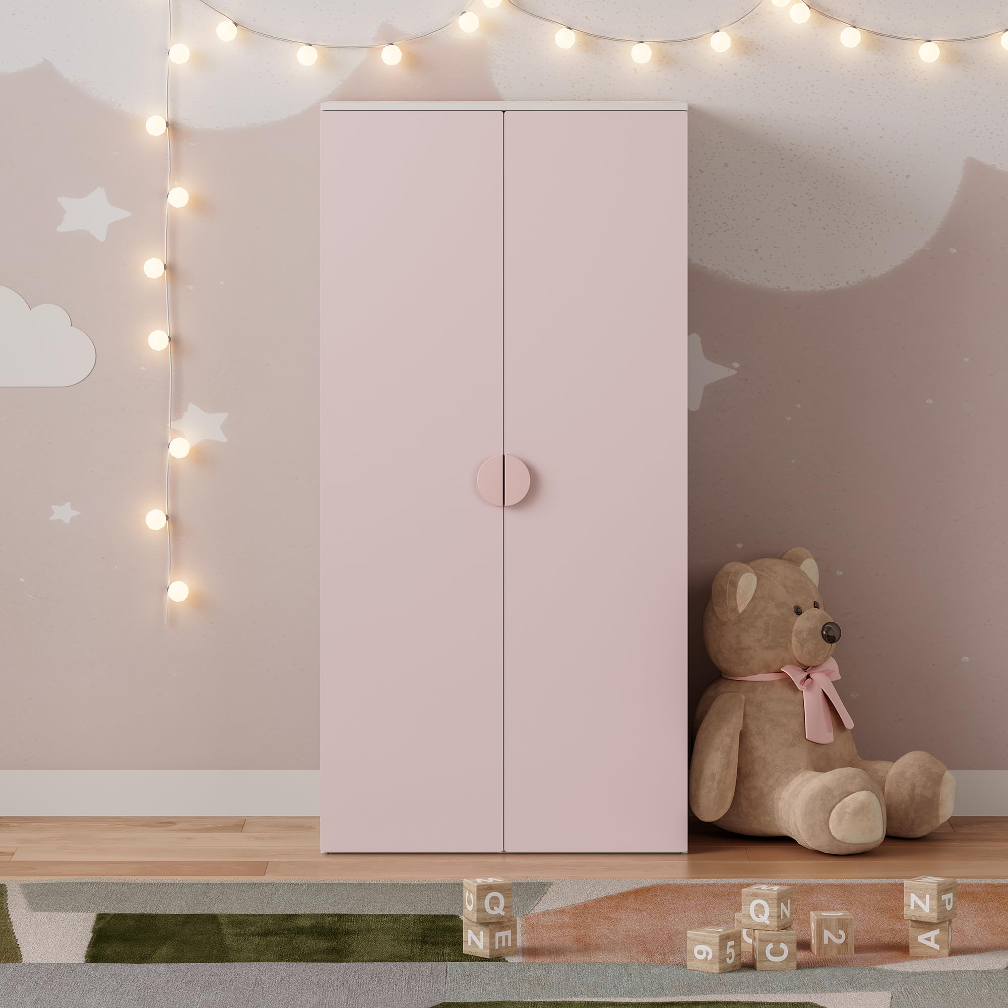 [en.casa] Armoire de Chambre pour Enfants Meuble de Rangement à 2 Portes Penderie pour Vêtements Stable Pratique Élégant Chambre d'enfant MDF Panneau de Particules 123 x 60 x 40 cm Blanc Rose