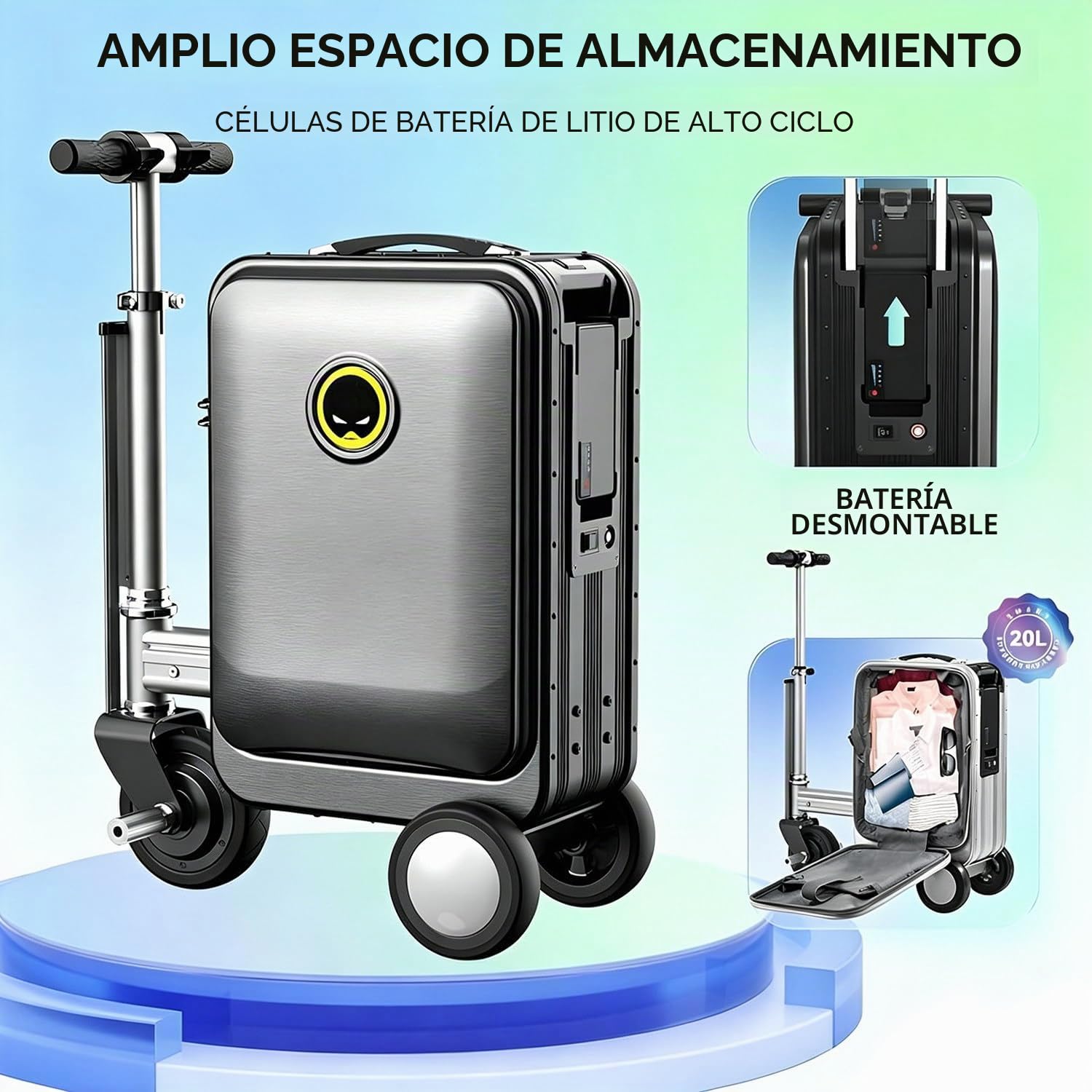 Maleta Inteligente Eléctrica 20'' con Marco de Aleación de Aluminio, Batería Segura 93,6 WH,Cerradura con Contraseña,Puerto de Carga Externo,Diseño Ligero e Impermeable Silver-with2battery