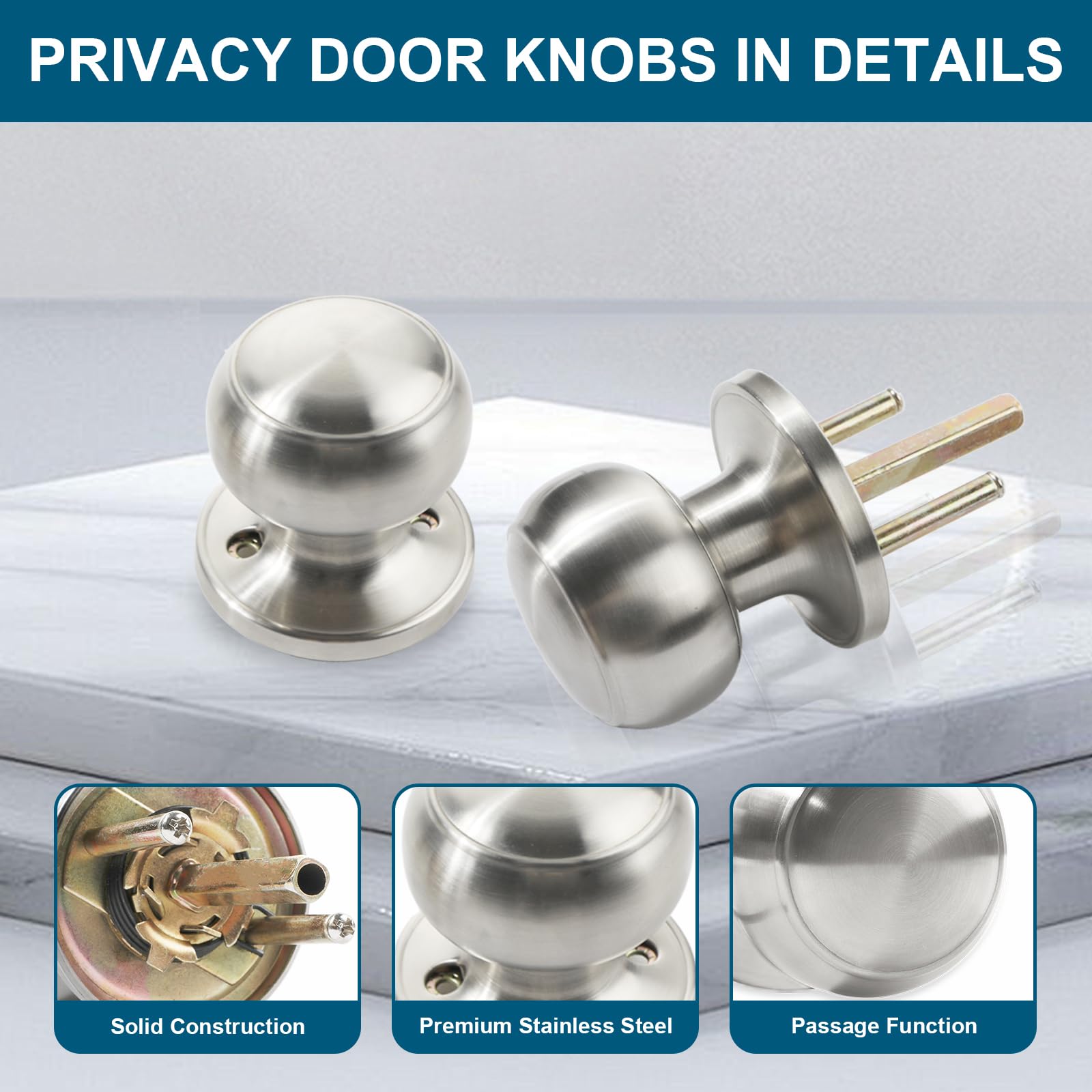 RAZCC Pomos de puerta de paso, paquete de 5 pomos de puerta de níquel satinado, para pasillo y armario, sin bloqueo, manijas interiores redondas sin llave, reversibles para puertas zurdas y derechas