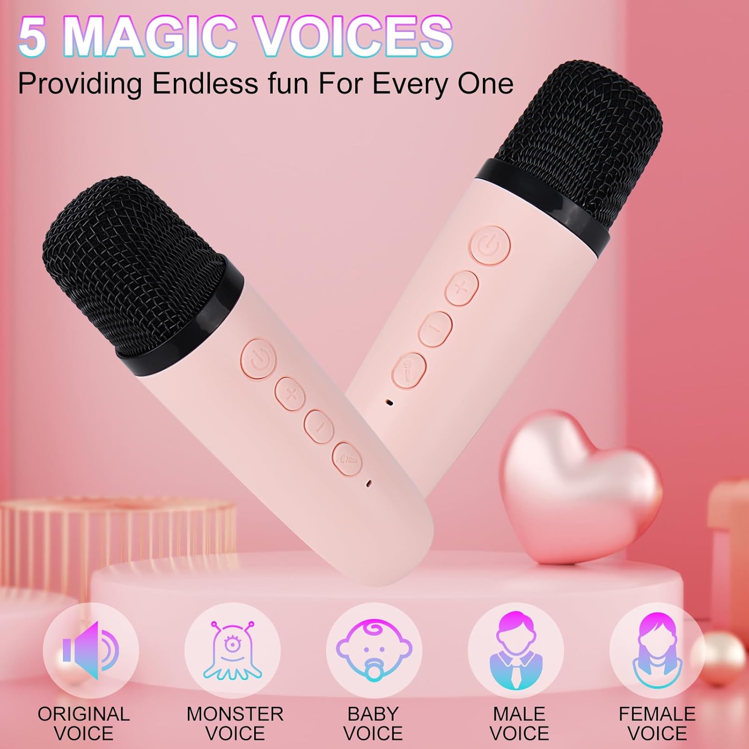 Karaoke Machine for Kids Adults, Mini Portable Bluetooth Karaoke Speaker with 2 Wireless Microphone and Lights,Toys for All Smartphones,Birthday, Family,Home Party Pink - Image 3