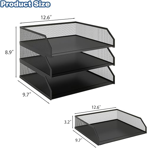 Miniatura 2 de Natwind Bandeja de papel apilable de 3 niveles, organizador de escritorio de malla metálica, organizador de escritorio A4, bandejas apilables,