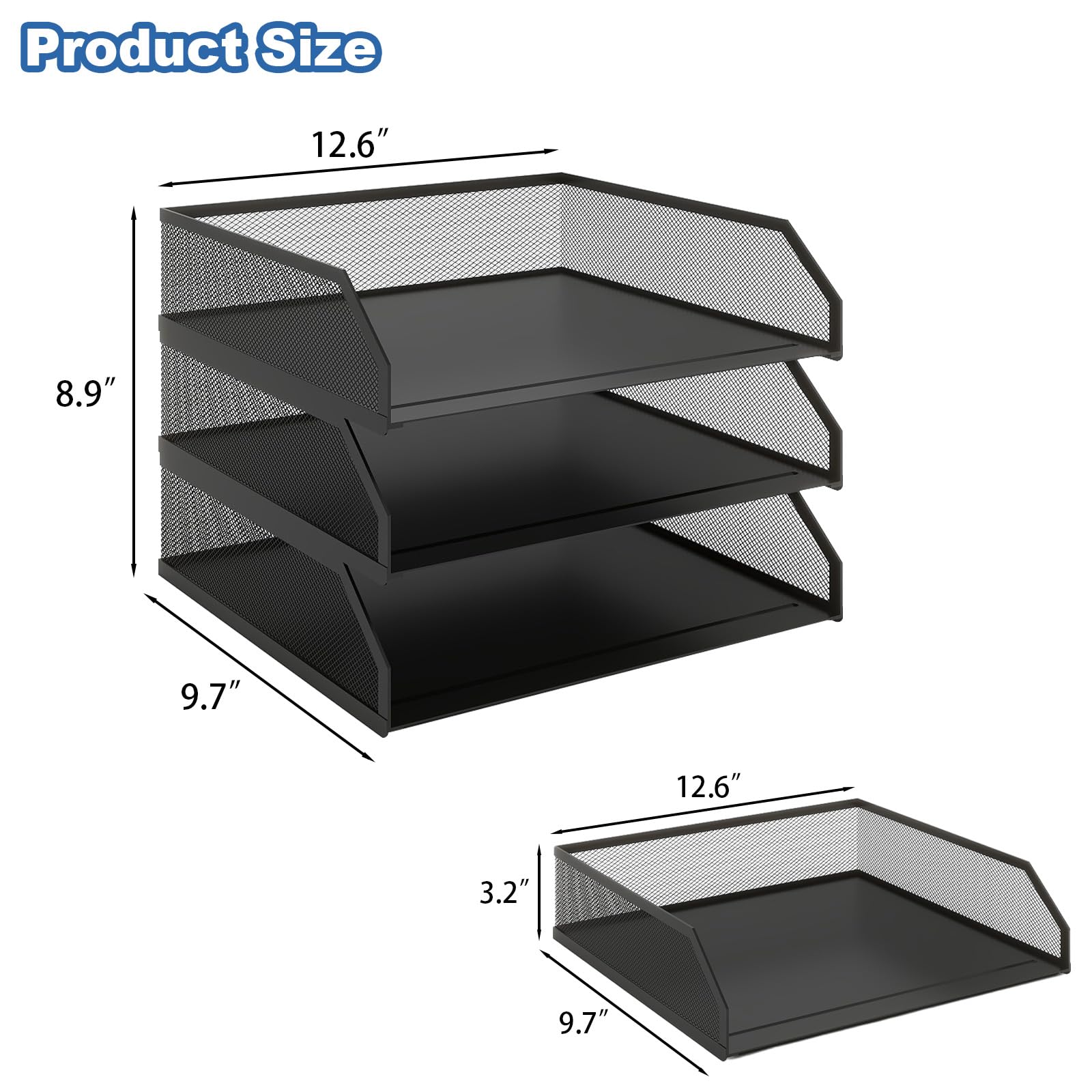 Natwind 3-Tier Stackable Paper Tray, Metal Mesh Desktop Organizer, Paper Sorter, Letter Trays,File Document Storage Rack for for Home, Office, School (Black)