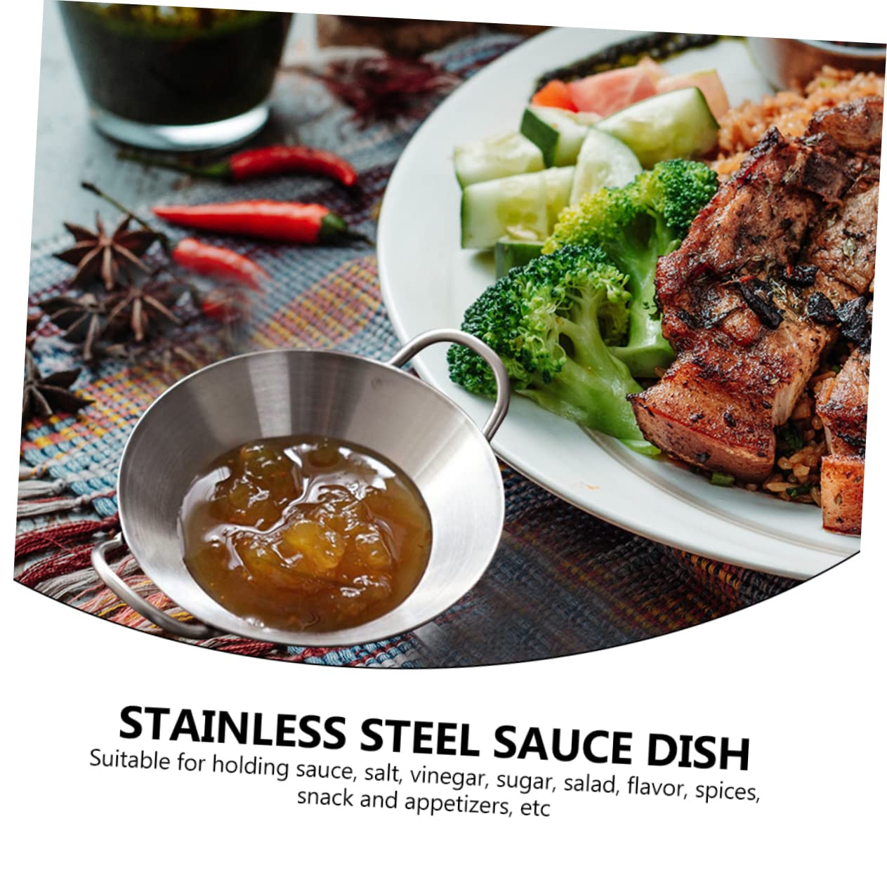GLEAVI Korean Style Stainless Steel Sauce Dish Portable Seasoning Bowl with Handle for Dipping and Serving for Home Restaurants and Catering Events