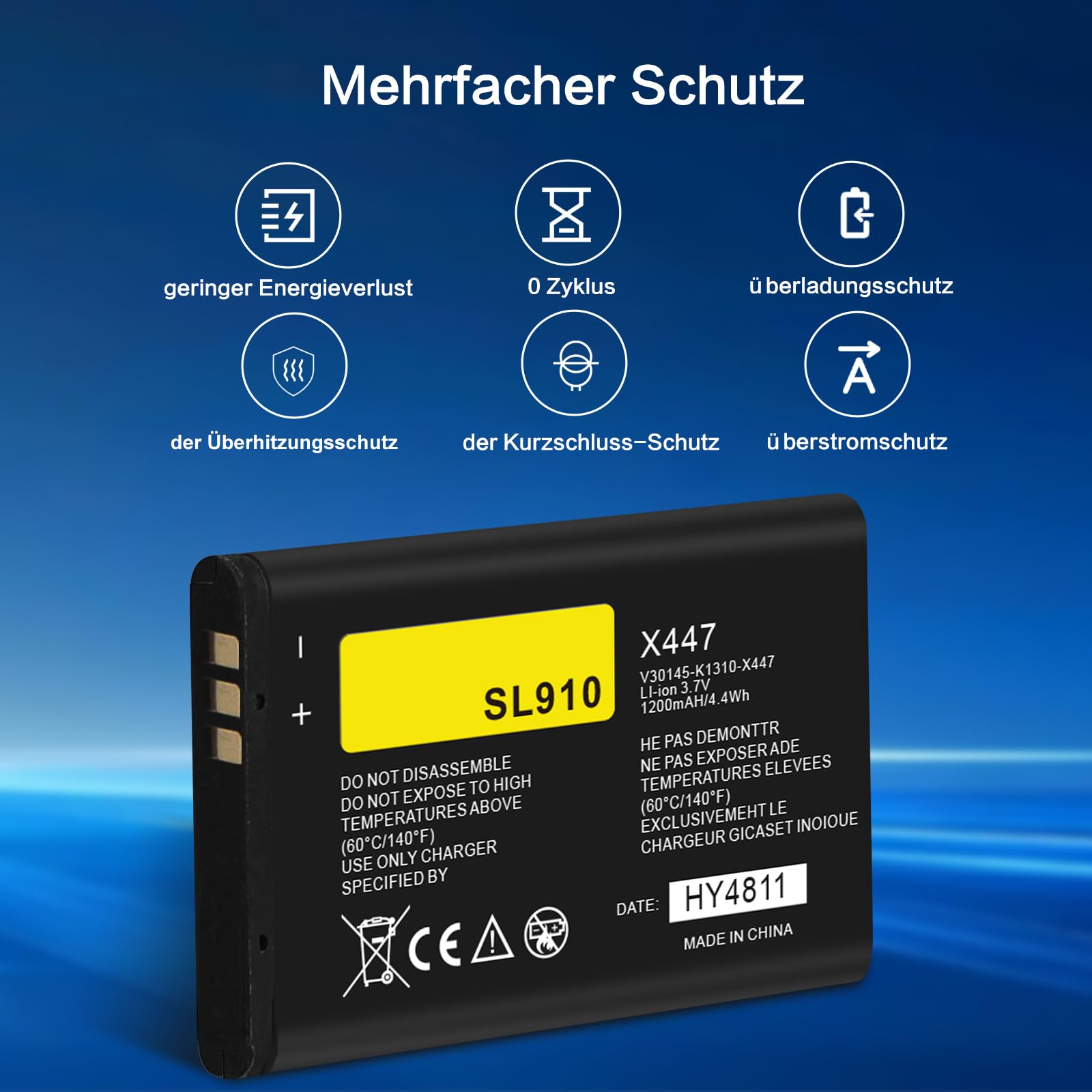Lot de 2 batteries de rechange Li-ion 3,7 V 1200 mAh pour Siemens Gigaset SL910 SL910A SL910H compatible avec V30145-K1310K-X447 V30145-K1310-X447 V30145-K1310K-X447-00 - HY