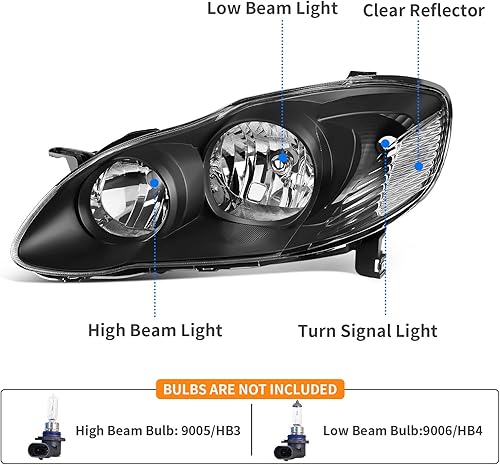 Miniatura 4 de DWVO Conjunto de faros delanteros compatible con Corolla 03-04 2003 2004 2005 2006 2007 2008, carcasa negra, reflector transparente, lente
