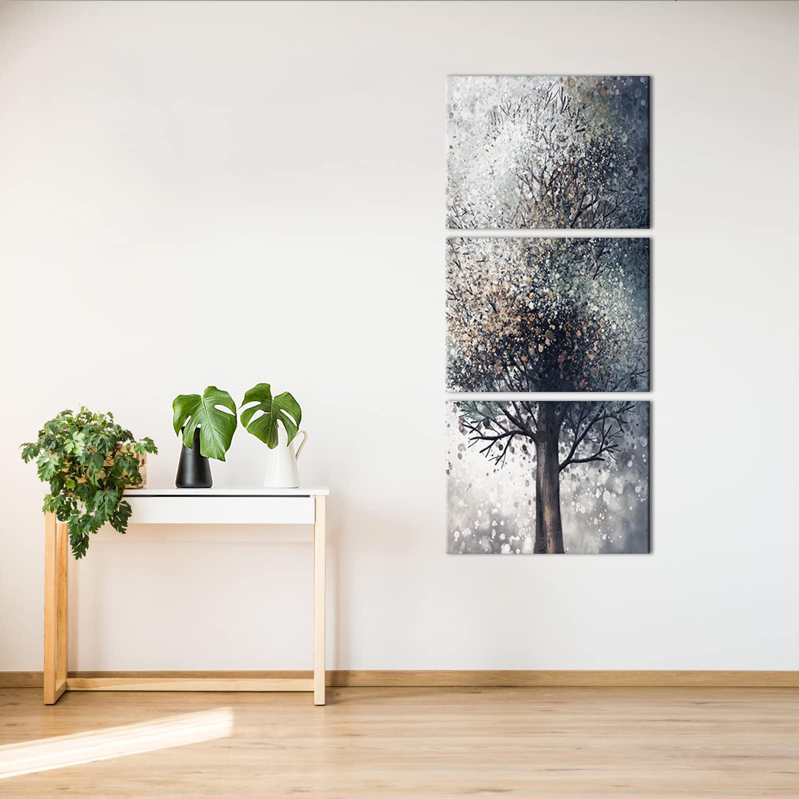 Conipit Vertical Tree Painting for Living Room Fantasy Grey Tree Wall Art Silver Tree of Life Neutral Pictures Wall Decor Stretched Framed Ready to Hang 12''x16''x3 pcs
