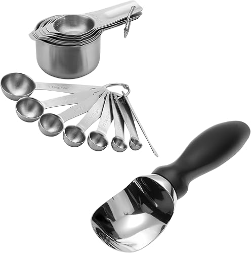 Spring Chef Tazas y cucharas medidoras de acero inoxidable, juego de 15 y cucharas de helado de acero inoxidable de alta calidad, color negro,