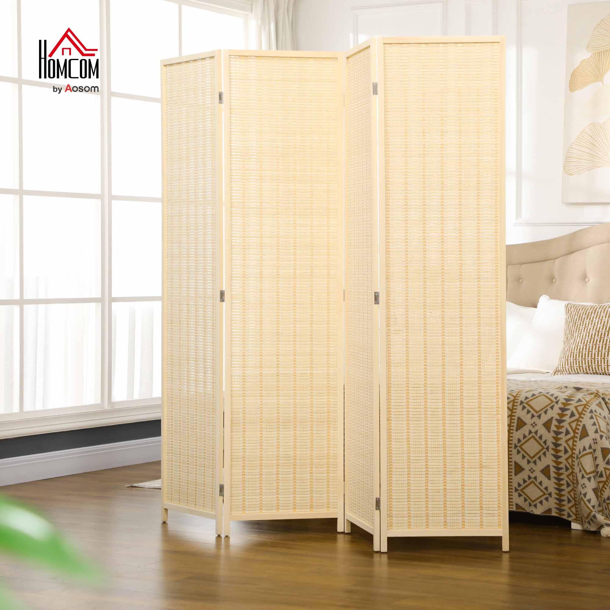 Paravento Pieghevole 4 Ante In Legno E Bambù - Separè Per Interni, Stile Boho, Altezza 180 Cm - Foto 6