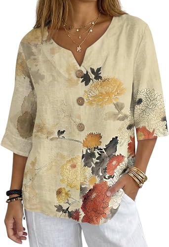 Womens Blouses Long Sleeve Unique Art Print V Neck Flowy Tops Causal Shirt for Women Womens Vintage Linen Tops