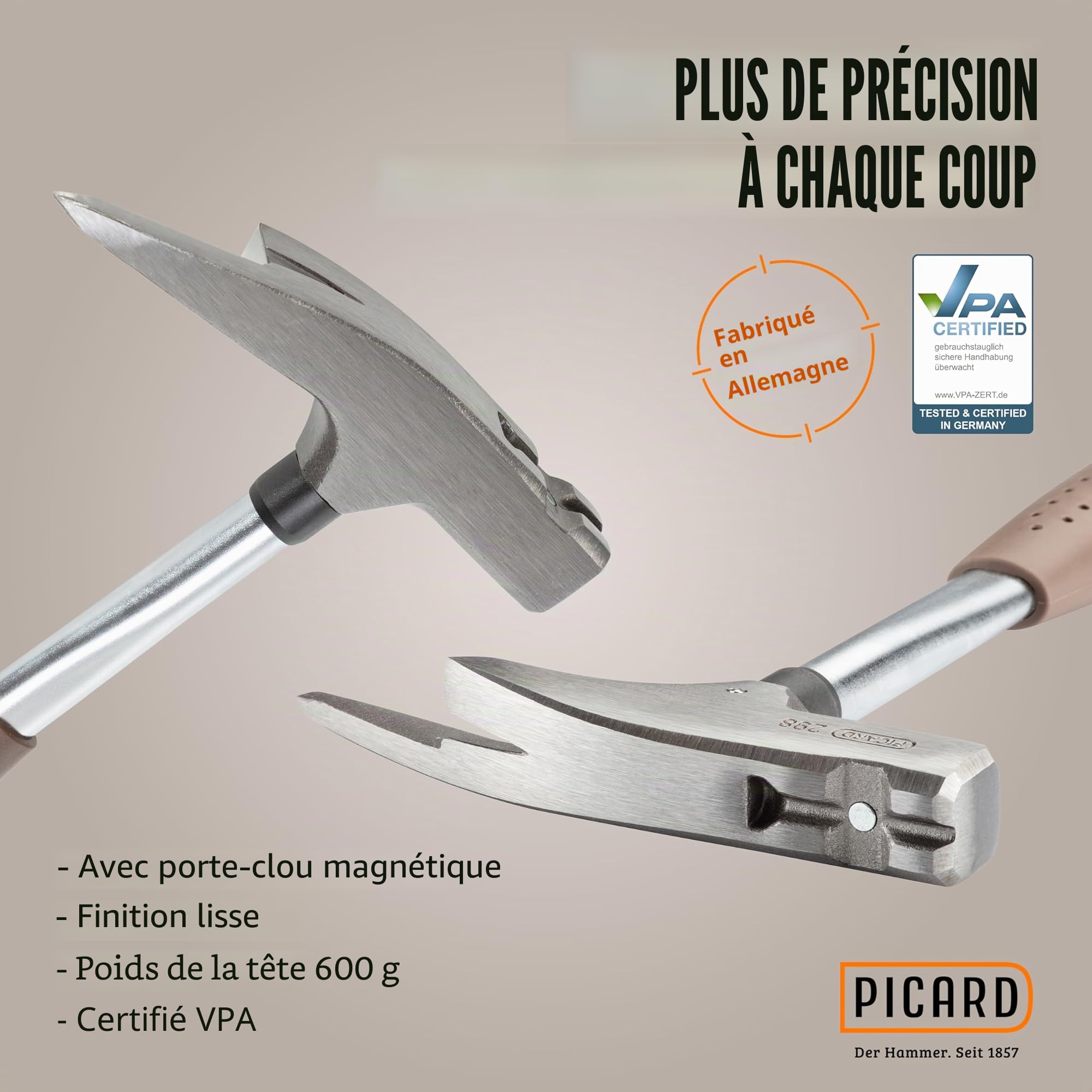 PICARD marteau de charpentier no. 298 + Mini pied-de-biche BlackGiant® + Sticker | Outil couvreur professionnel 600 g | Manche acier chromé-molybdène | Porte-clou magnétique | Avec arrache clou