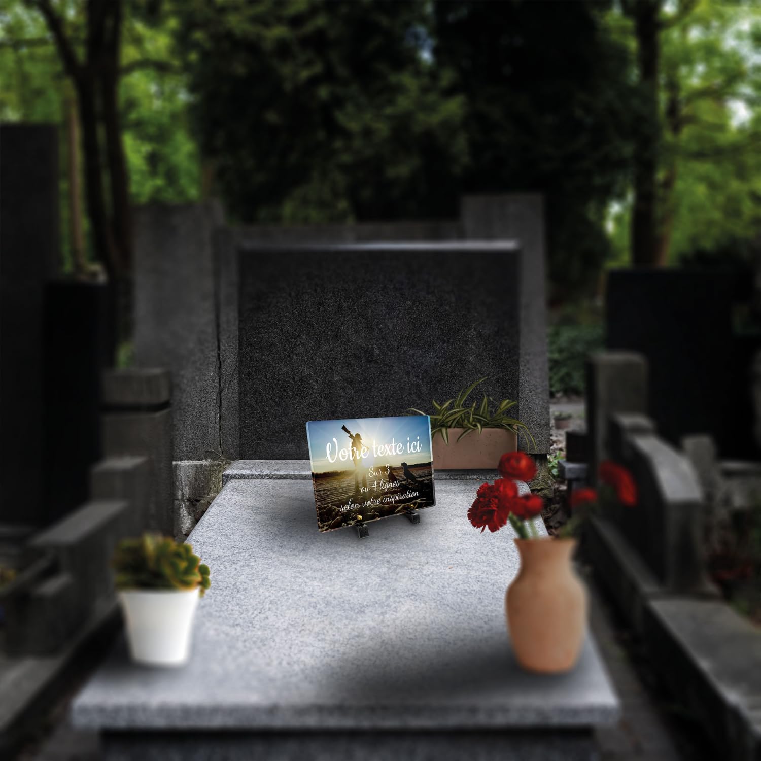 Placca funeraria rettangolare personalizzabile in plexi motivo cacciatore e cani da caccia, diverse dimensioni, spessore 6 mm, personalizzata su più linee, 30 x 20 cm