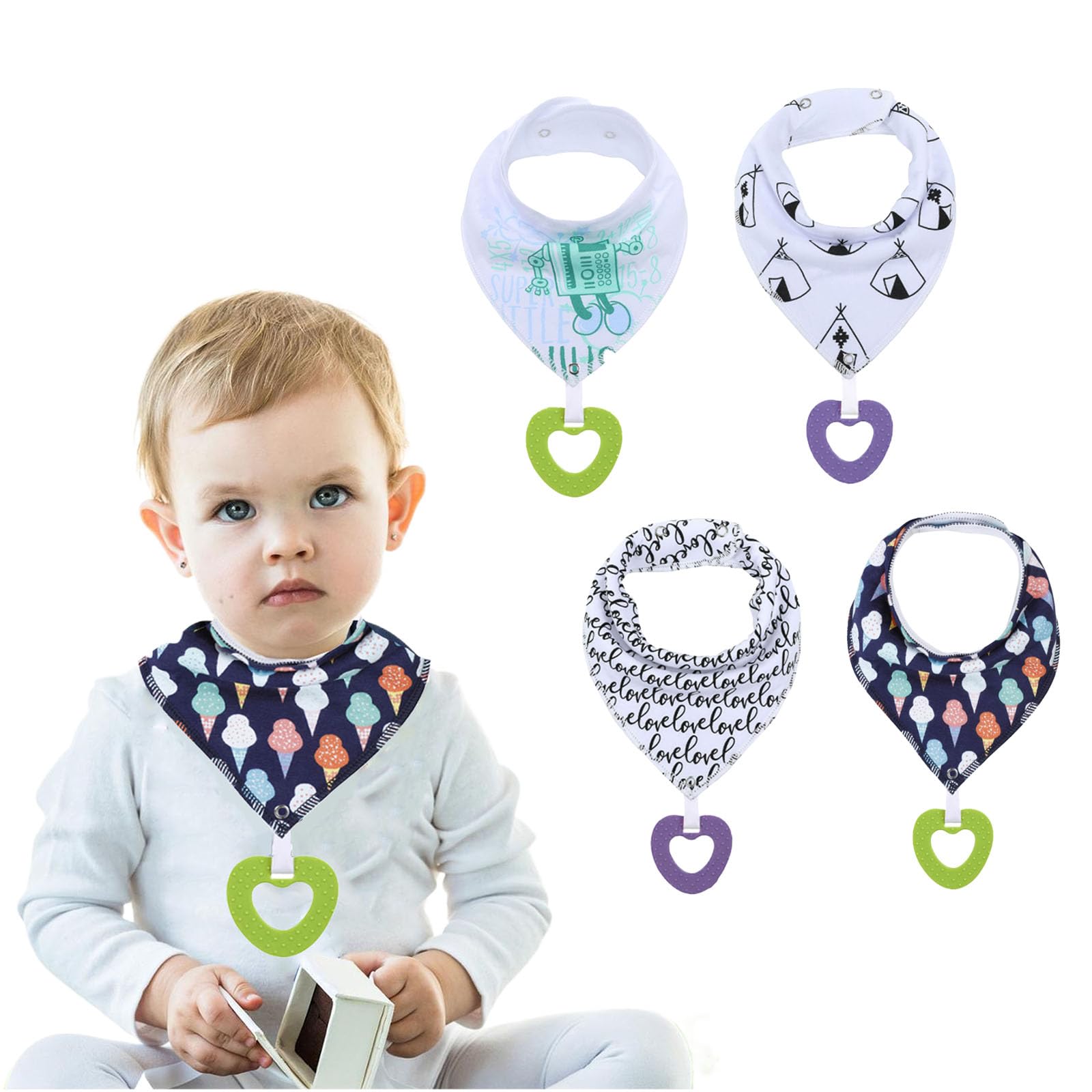 Oaygat Men's Muti-1-4Pcs Baby Bibs Newborn Toddler Baby Bandana Dribble Bibs Super Soft And Absorbent Drooling Bib With Teether Infant Teething Bib With Snaps Toddler Bibb Teething Toy For Boys Girls Unisex Infant Toddlers