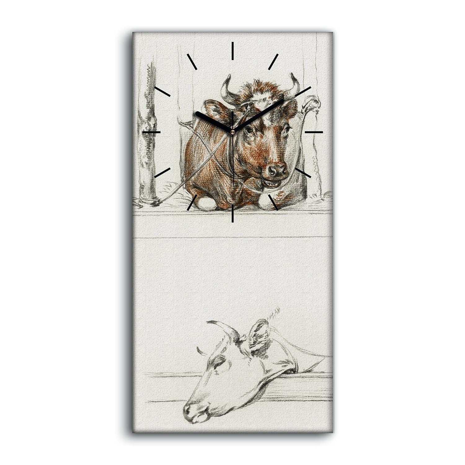 Horloge sur toile art moderne avec aiguilles noires tableau vache 30x60 cm