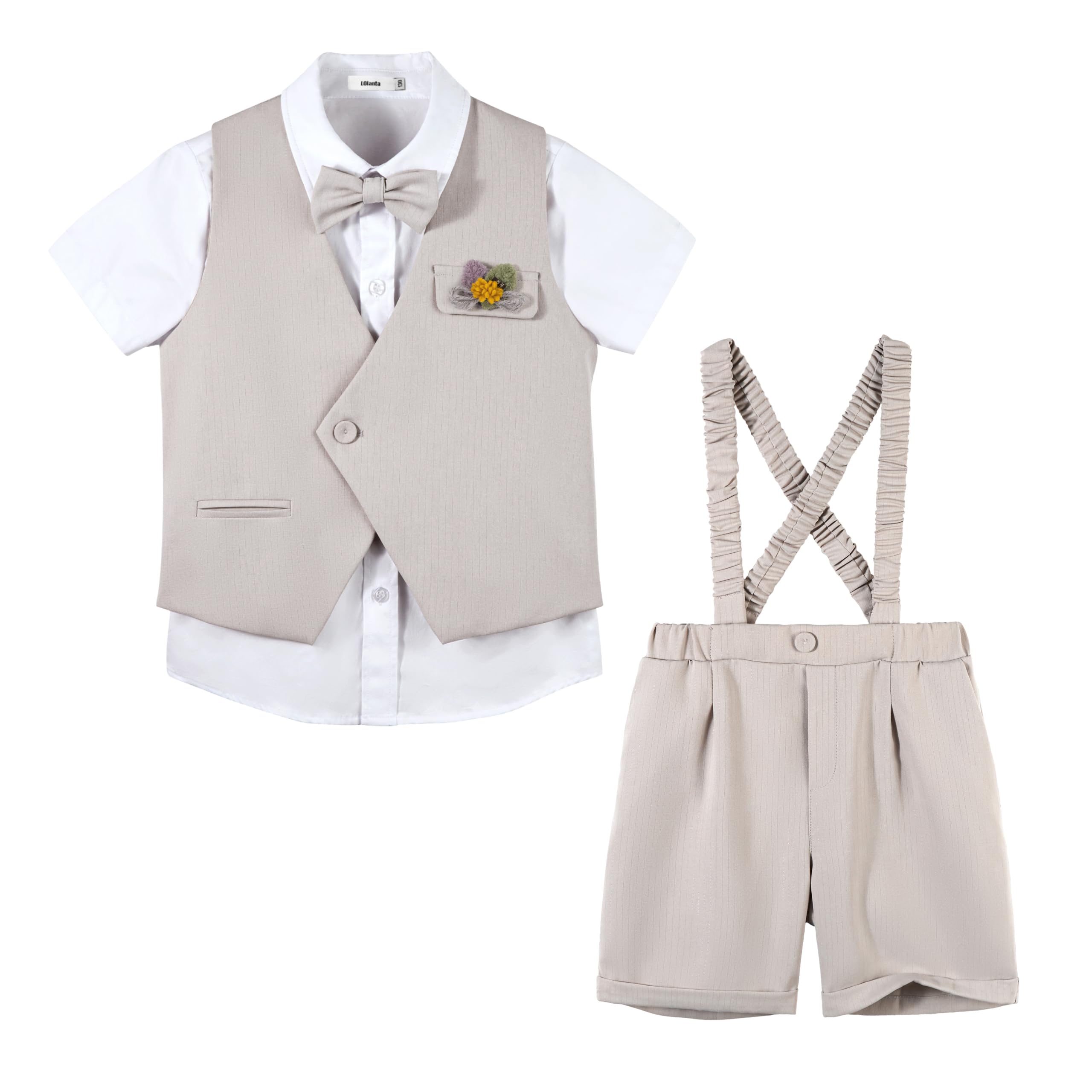 LOLANTA Completo Estivo 6 Pezzi Bambino, Gilet Asimmetrico, Camicia, Pantaloncini, Papillon, Bretelle, Fiore, 4-11 Anni