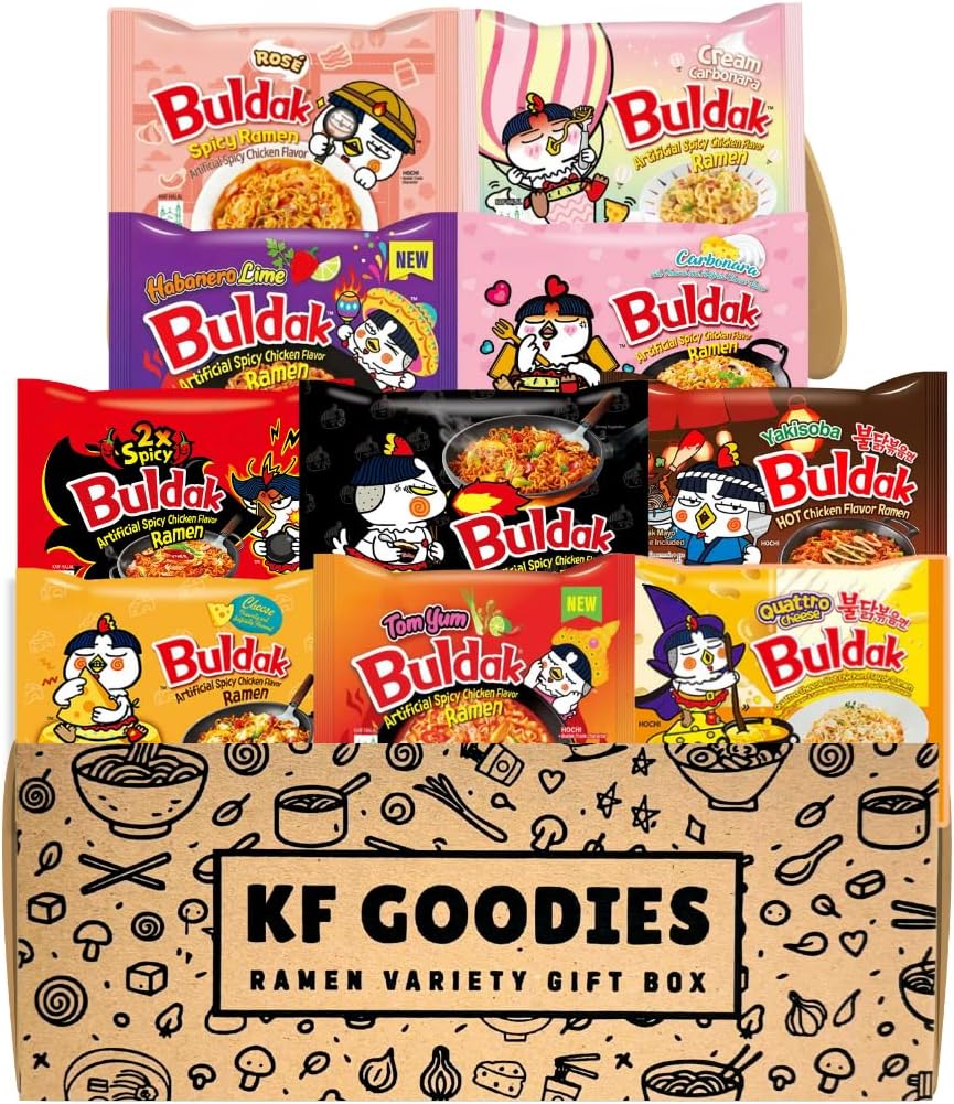 KF GOODIES Korean Ramen Variety Pack Gift Box (10 Count) – Spicy Buldak Noodle Assortment for Birthdays, College Care Packages, Office Snacks and Gift Baskets