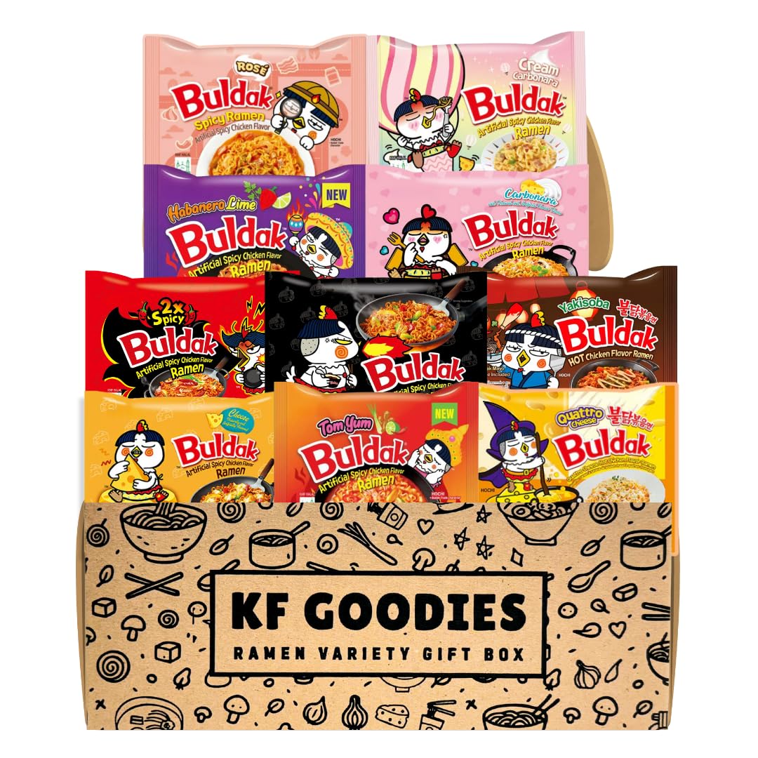KF GOODIES Korean Ramen Variety Pack Gift Box (10 Count) – Spicy Buldak Noodle Assortment for Birthdays, College Care Packages, Office Snacks and Gift Baskets