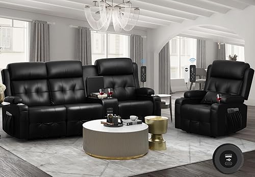 Miniatura 29 de Sofá Reclinable, Juego de Sofá Reclinable con Masaje de 3 Plazas de Gran Capacidad, Sofá de Dos Plazas para RV con Consola, USB, Puerto Tipo C