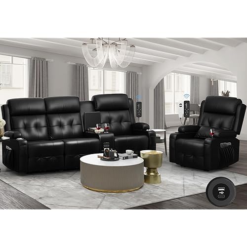 Recliner Sofa, 3 Seater Massage Reclining Loveseat Sofa Sets, 1 Single Power Recliner Chairs Heat & Massage, Heavy Weight Capacity, RV Clearance Love Seat Couch with Console, USB, Type C Port