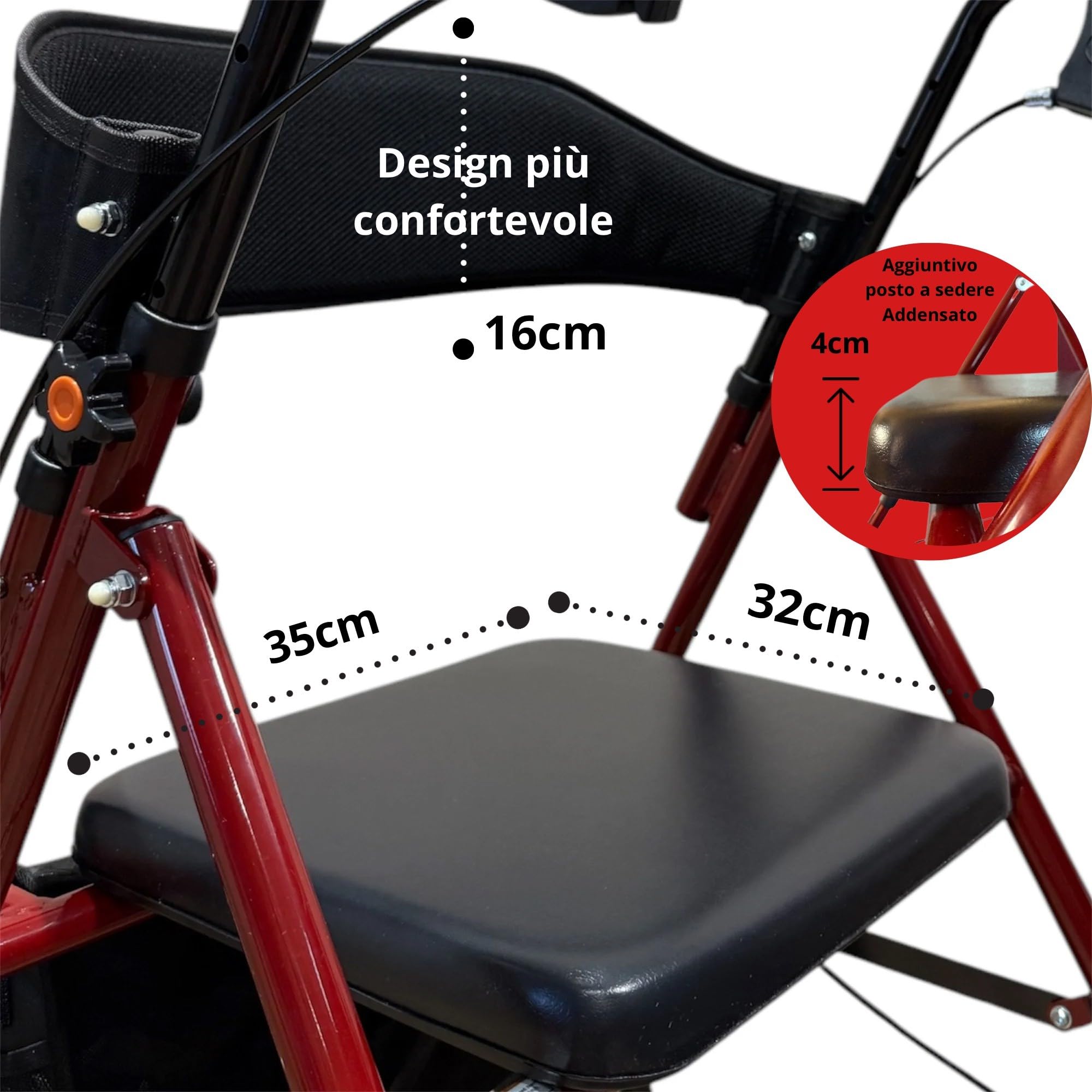 DEMERGY® Deambulatore per Anziani Pieghevole Leggero con Sedile Extra Spesso e Schienale 4 Ruote per Tutti i Terreni Freni Manuali Altezza Regolabile Include Zaino Ideale Anziani e Persone con Mobili