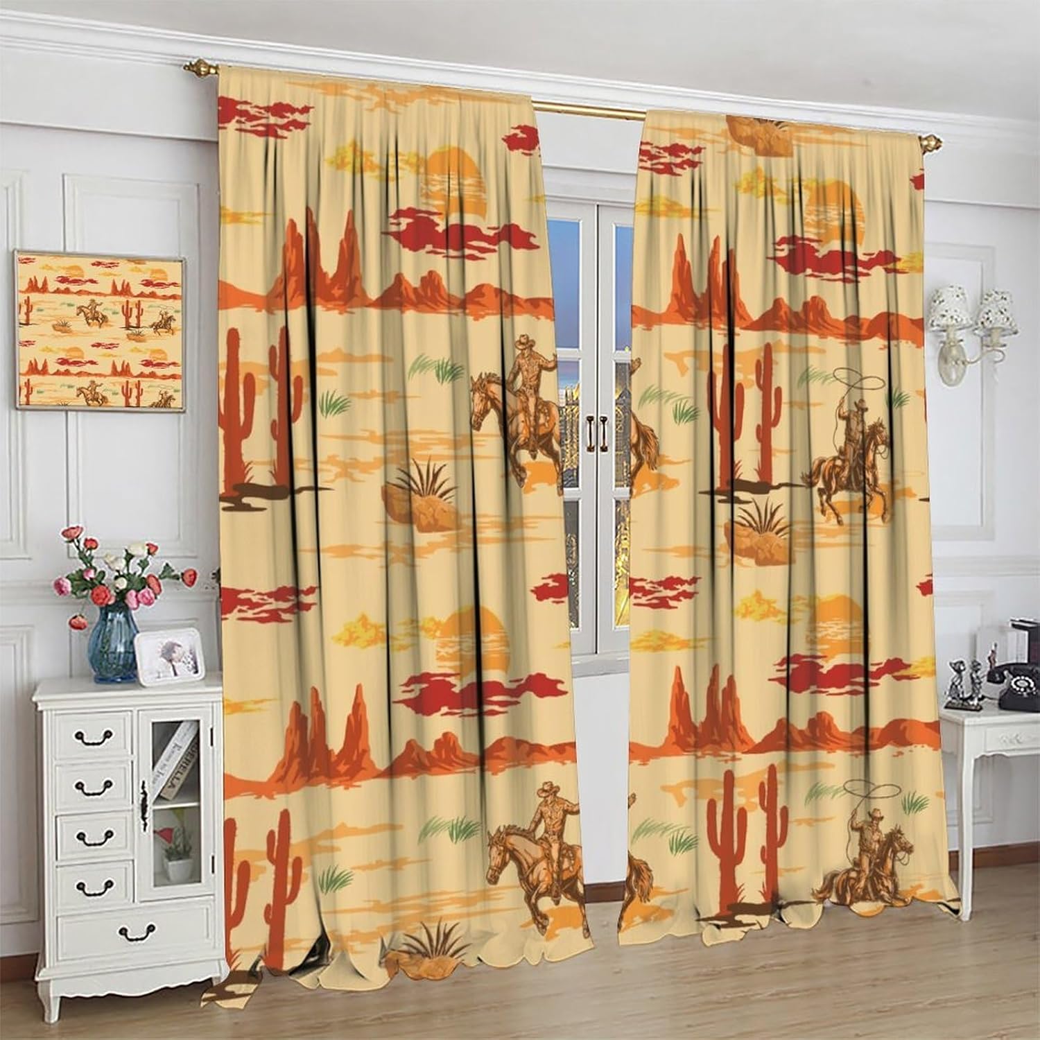 Western Cowboy Curtains Riding Horse Cactus Desert Cow Vintage Farmhouse Country Rod Pocket Brown and Yellow Curtain for Bedroom Kitchen Living Room 42" W X 45" L