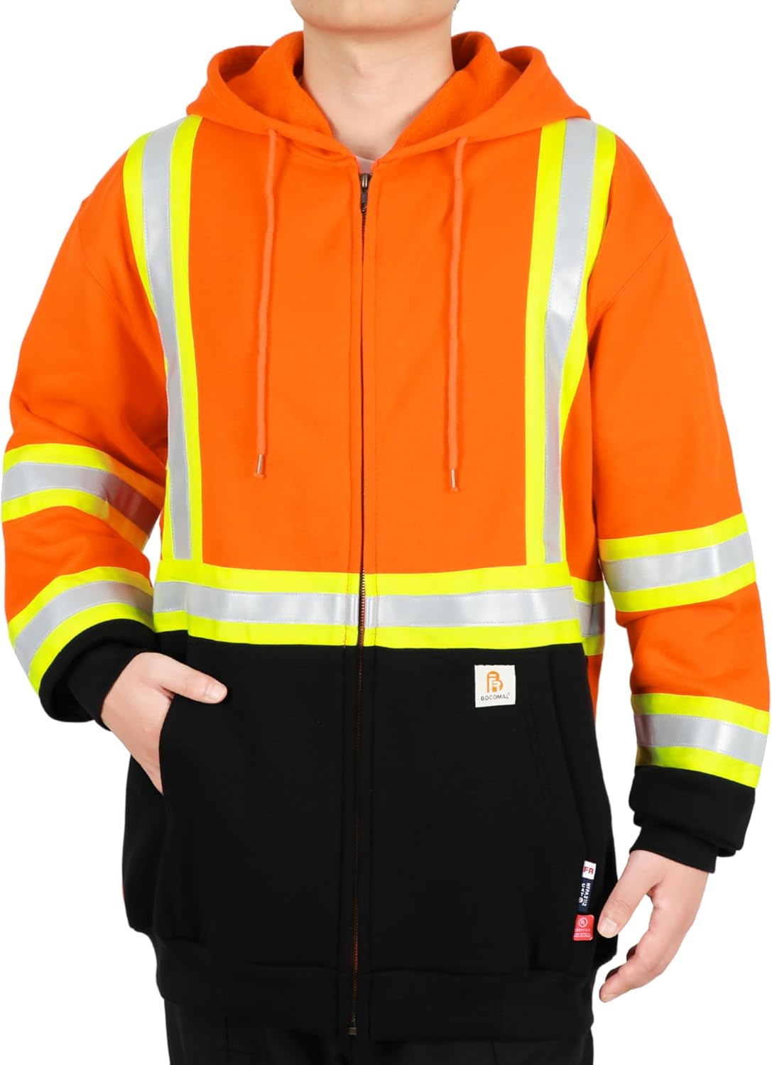 BOCOMAL FR Hoodies High Visibility 10.5oz Cottion Fleece Zipper Hi Vis Flame Resistant Reflective Hooded Sweatshirts