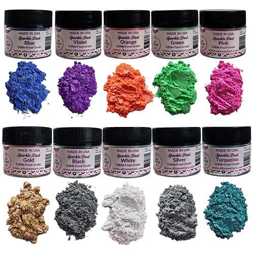Oh! Sweet Art Corp - Juego de polvo comestible brillante (10 colores) para pasteles, fondant, pasta de goma de mascar