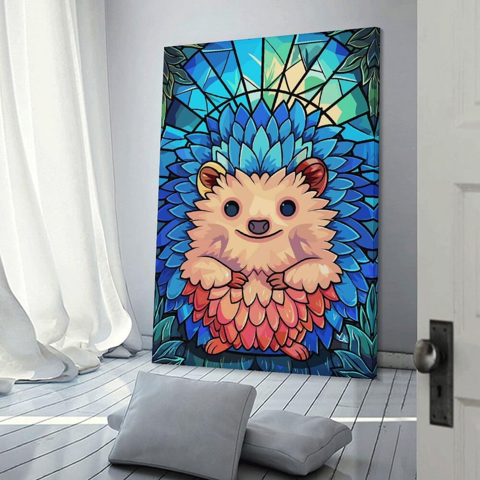 Junmoney Frame-Style-23-1 Room Decor Wall Art Cute Hedgehog Stained Glass Art, 08X12inch(20X30cm), For Office Decor, Home Working Or Creative Rooms, An Interior Accent For Desk Areas
