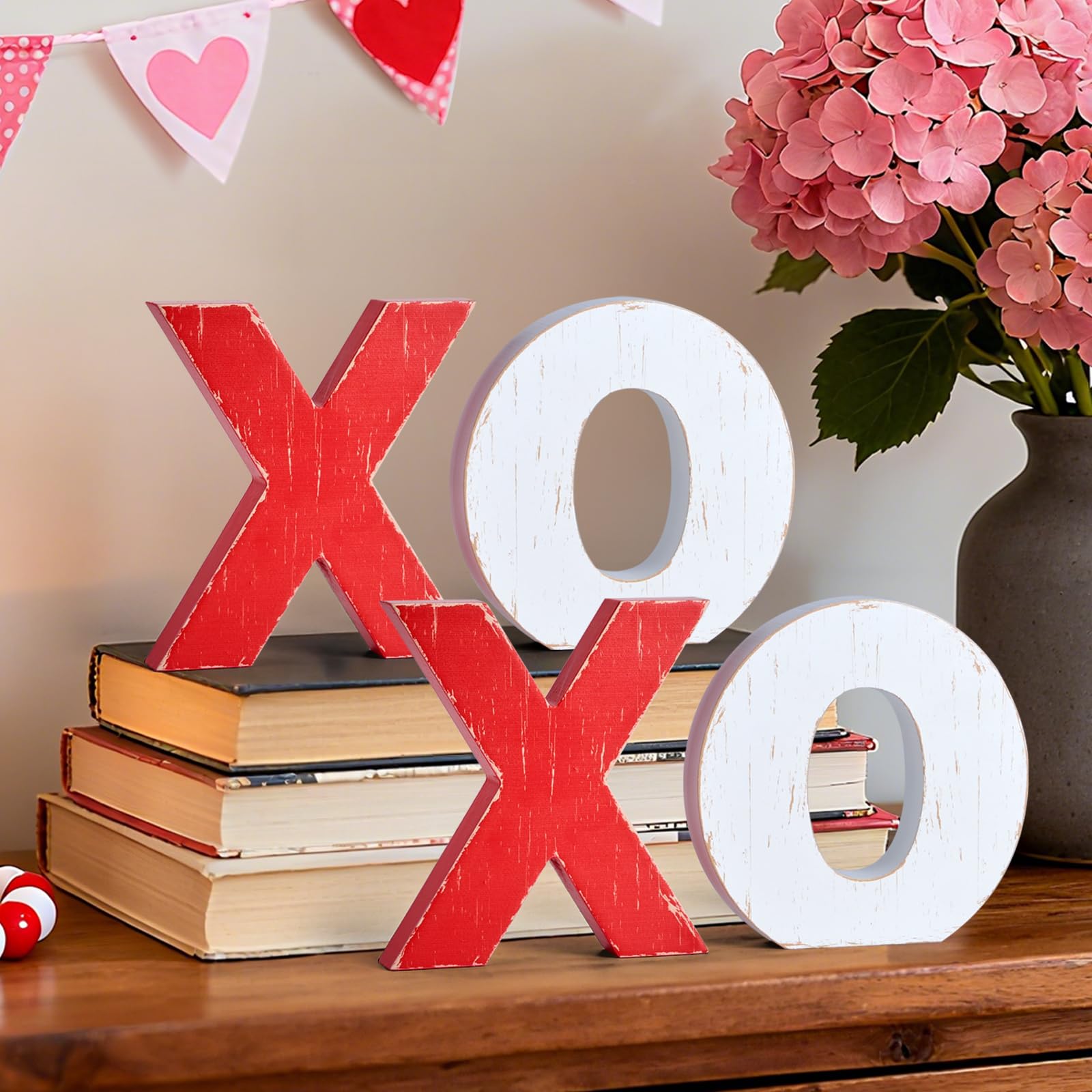 Photo 1 of APUDWN Valentine's Day XOXO Decor Rustic Wooden XOXO Table Sign Farmhouse Block Letters for Tiered Tray, Desk, Mantle, Red & White Distressed Centerpiece for Romantic Wedding Valentine's Home Decor