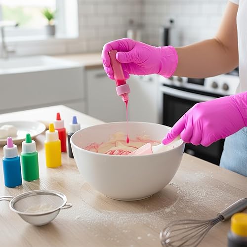 Miniatura 19 de Guantes de nitrilo sin polvo, 3 mil, guantes de nitrilo desechables, sin látex, sin polvo, rosa/fucsia