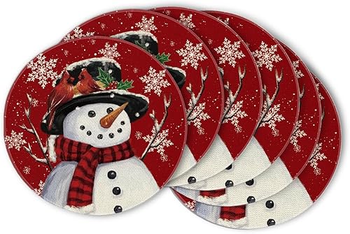 Artoid Mode Juego de 6 manteles individuales de invierno con diseño de muñeco de nieve rojo de 14 pulgadas para decoración de comedor