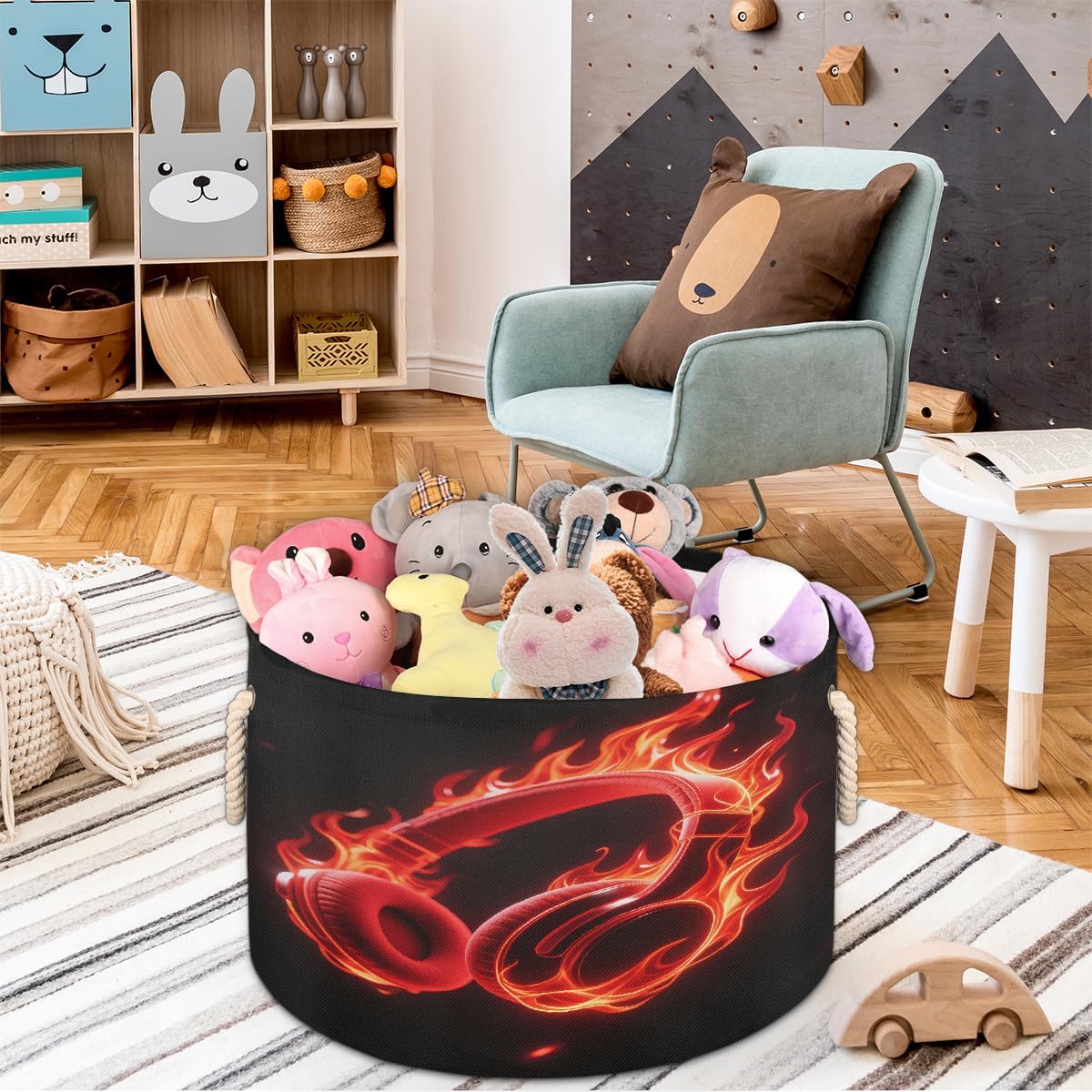 Large Storage Baskets - Red Fire Headphones Nursery Round Collapsible Organizer Bin Box, Laundry Hamper for Kids Toys, Blanket, Bedroom Living Room Home Decor, Gift Basket, 19.4"x13.3"