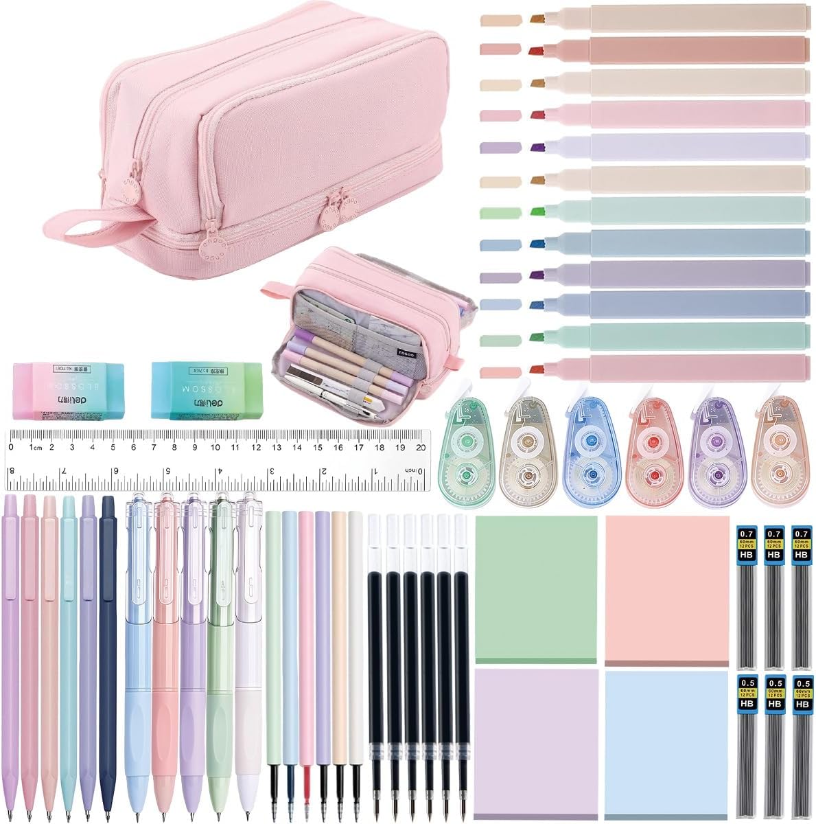 Aesthetic School Supplies with Cute Pen Case Pastel Highlighters Gel Pens