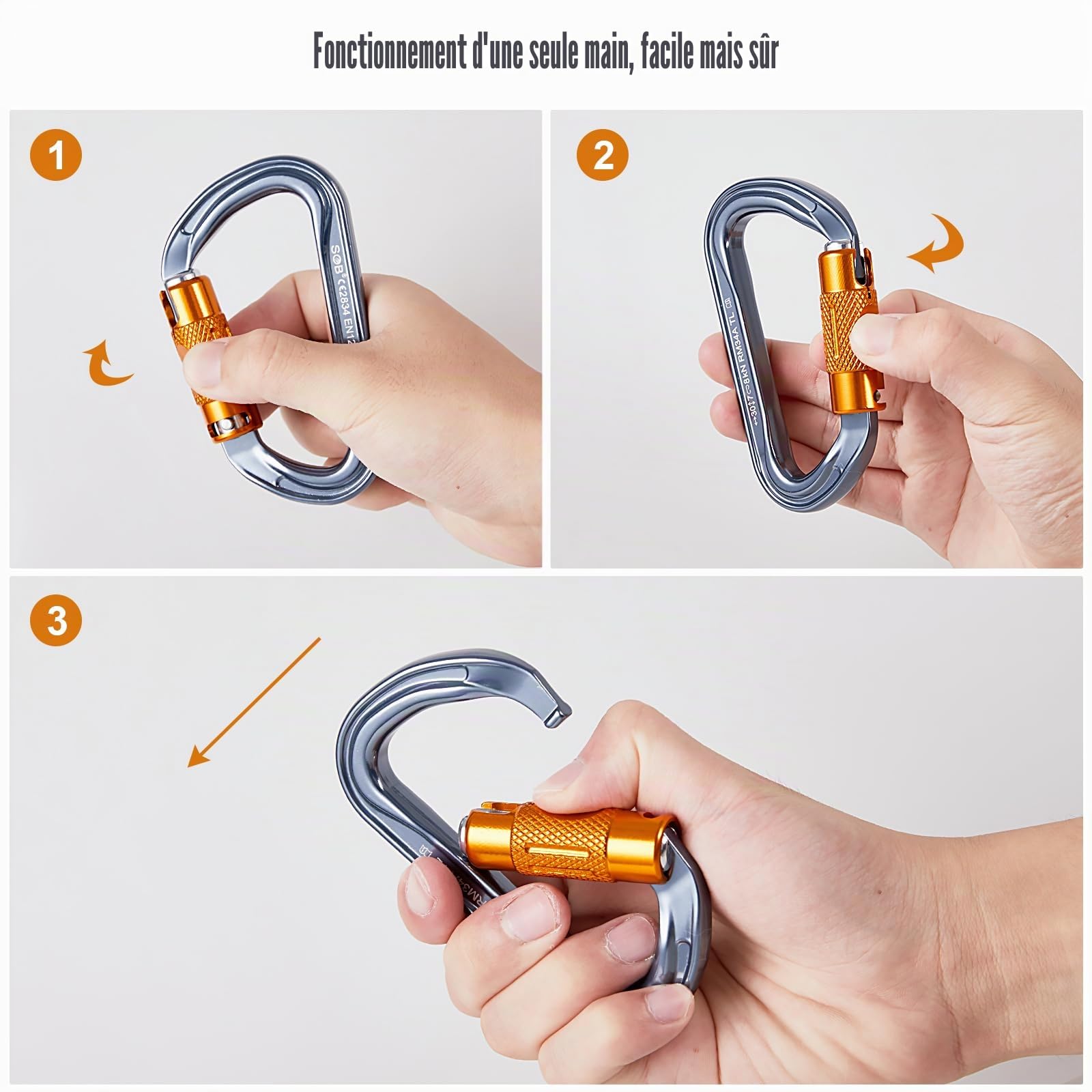 Mousquetons Escalade Clips, Mousqueton en Alliage d'aluminium, Mousquetons Robustes pour Escalade, Hamac, Camping, Randonnée, Ski, Vélo Descente en Rappel