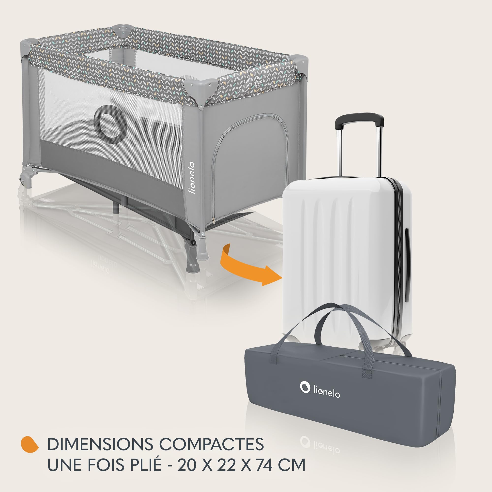 LIONELO Stefi lit bebe bebe jusqu'à 15 kg, entrée latérale, dispositif de protection contre le pliage accidentel LockGuard, système de pliage rapide, sac de transport (GREY)