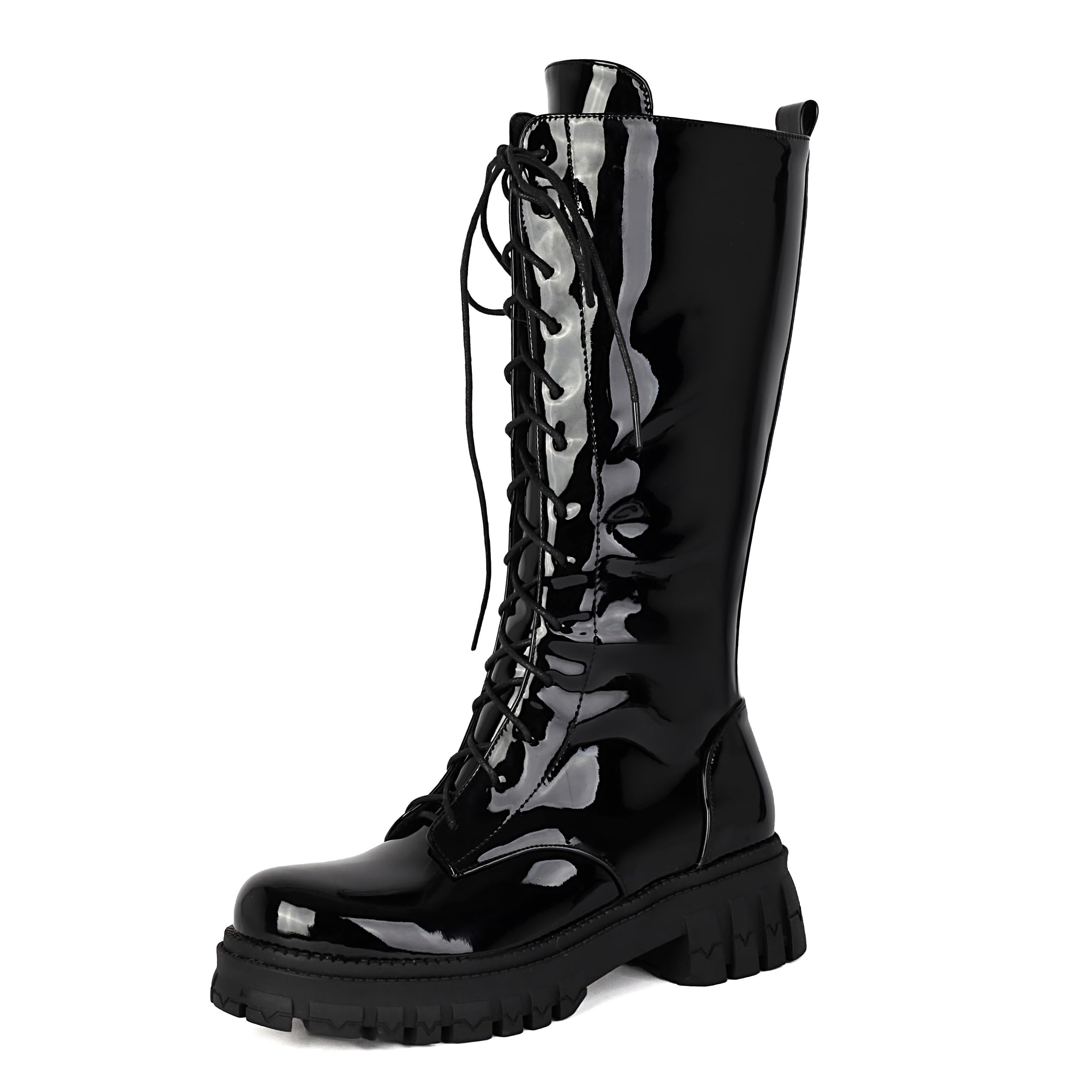 SoundSky Patent Leather Combat Boots Knee High Lace Up Platform Chunky Sole Gothic Military Boots