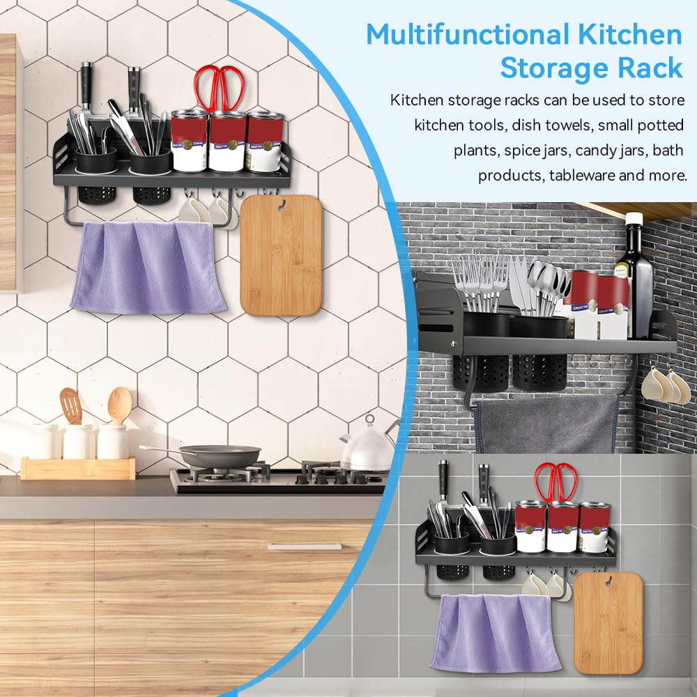 Porta Spezie per Cucina da Parete Senza Foratura, Porta Spezie da Parete Senza Buchi, Organizer Portautensili Cucina con Portasciugamani, Portaposate, per Coltelli e Gancio Portaoggetti