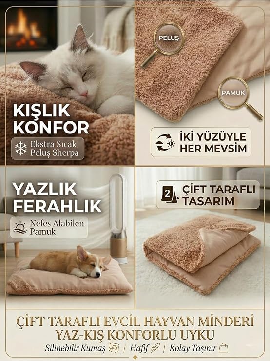 Optima Evcil Hayvan Yatağı, Çift Taraflı Kedi ve Köpek Yatak, Dört Mevsim, Bej, XL