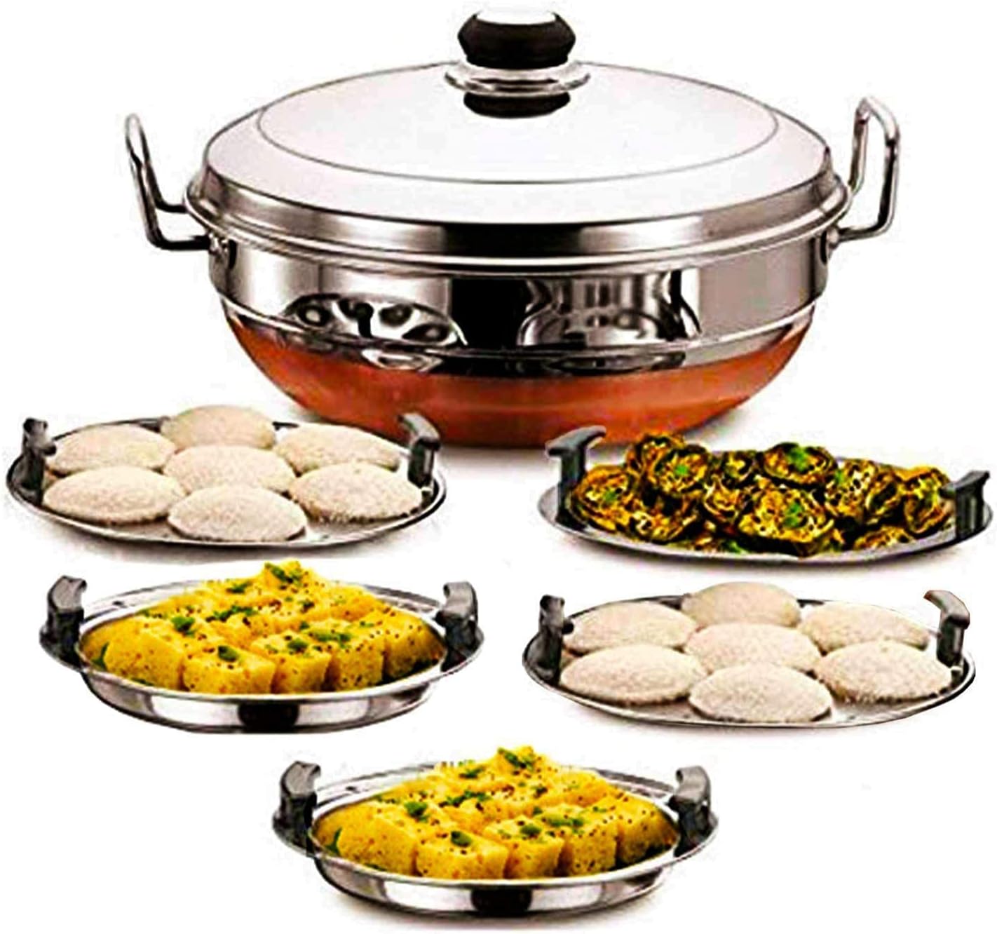 WayMoreÂ All-in-One Stainless Steel Idli Cooker Multi Kadai Steamer with Copper Bottom, Big Size with 5 Plates (2 Idli; 2 Dhokla; 1 Patra)